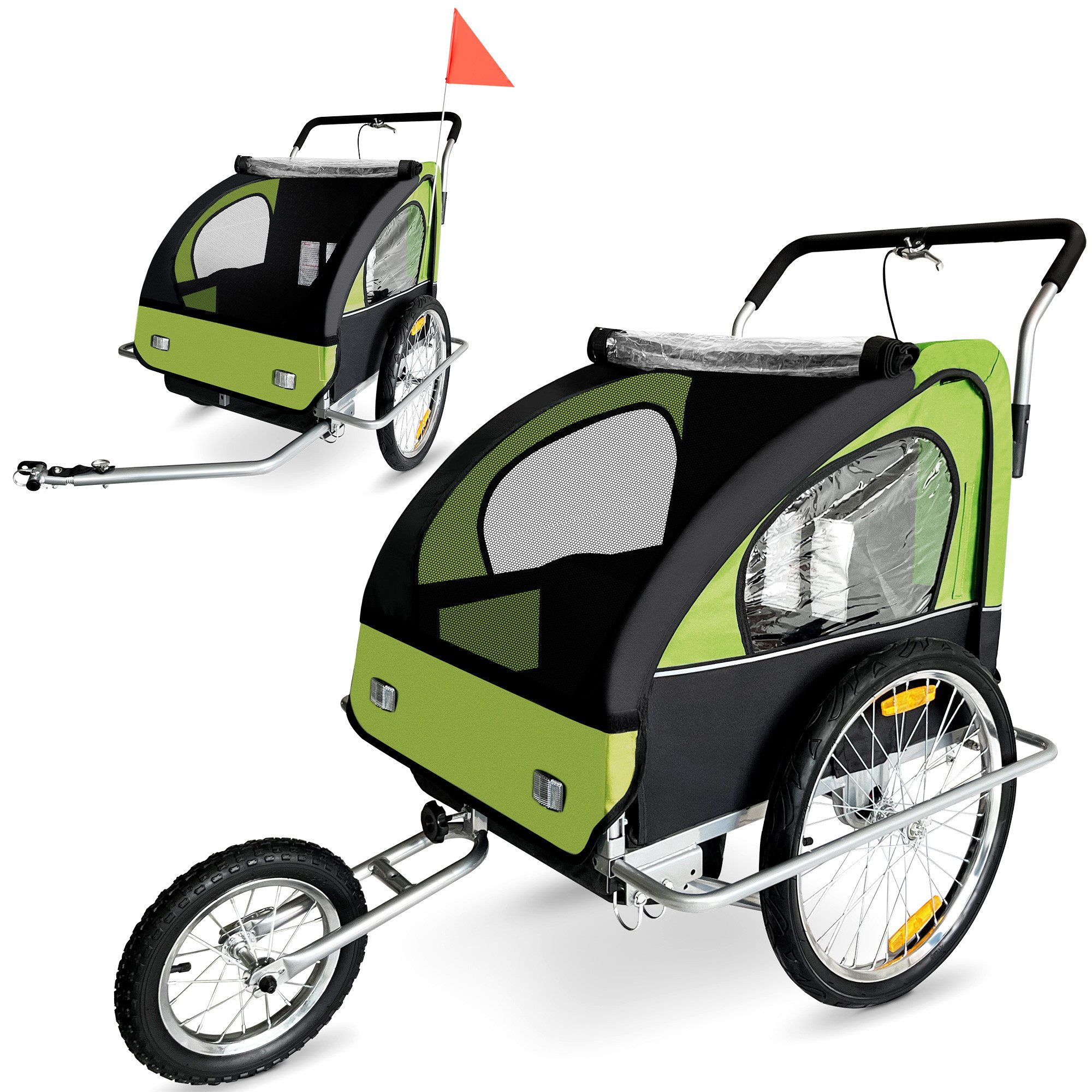 SAMAX Fahrradkinderanhänger Fahrradanhänger 2in1 Jogger - in Grün/Schwarz - Silver Frame