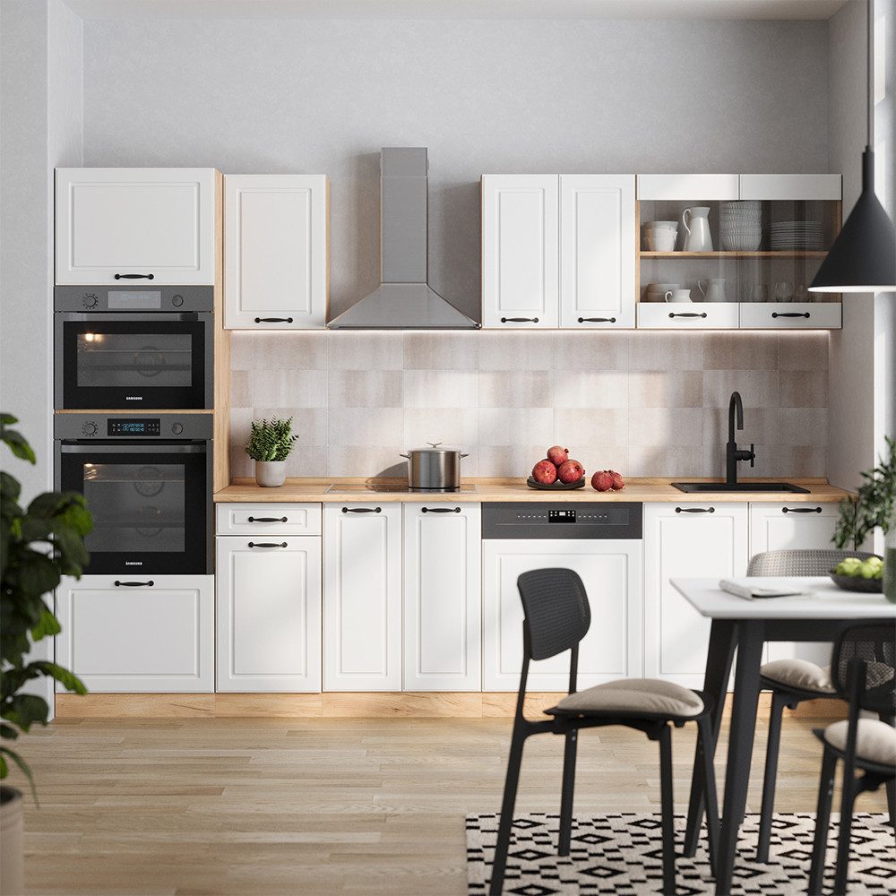 Vicco Küchenzeile R-Line, Weiß Landhaus/Goldkraft Eiche, 300 cm mit Hochschrank, AP ...