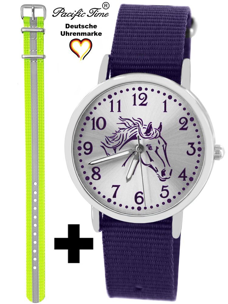 Pacific Time Quarzuhr Set Kinder Armbanduhr Pferd violett Wechselarmband, Mix und Match Design - Gratis Versand Reflektor gelb und violett