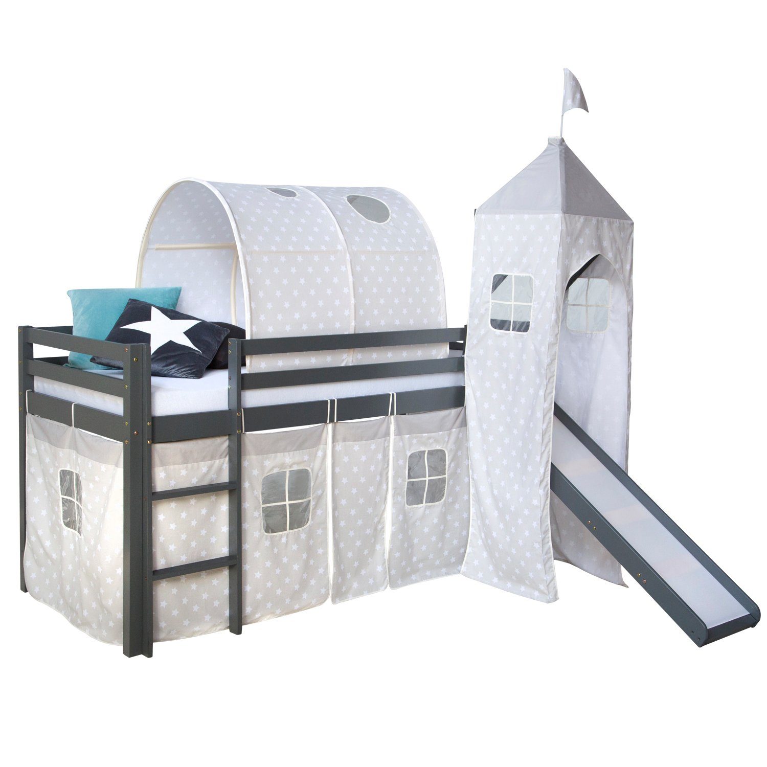 Homestyle4u Hochbett 90x200 cm Weiß mit Vorhang Sterne Grau für 1 Kind Holz günstig online kaufen