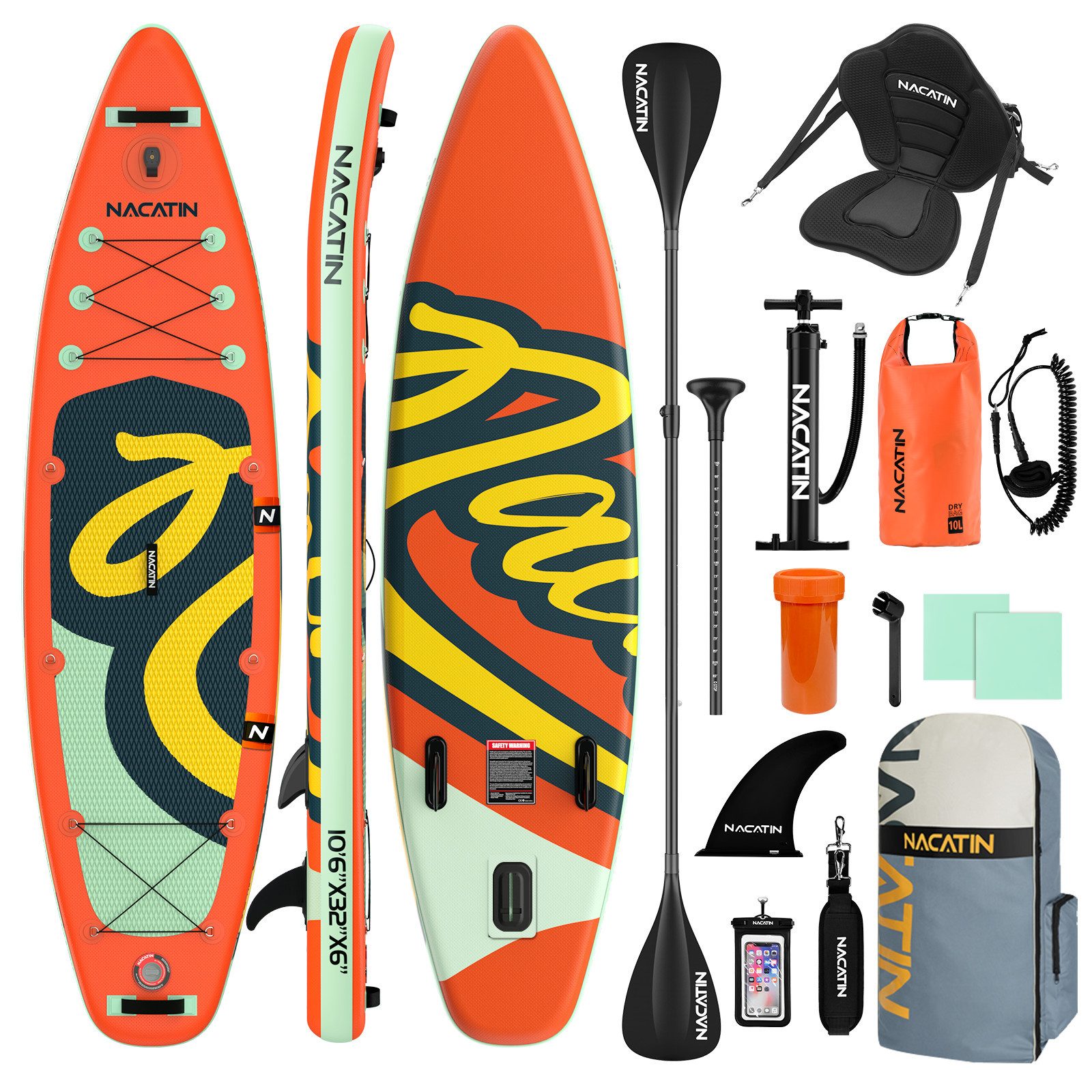 NACATIN Inflatable SUP-Board Aufblasbares SUP Board 10'6", Allround-Board, 200 kg Tragkraft, Inflatable SUP Board, mit Kajaksitz, Zubehör, Paddel, Pumpe, 10L Tasche & Leine