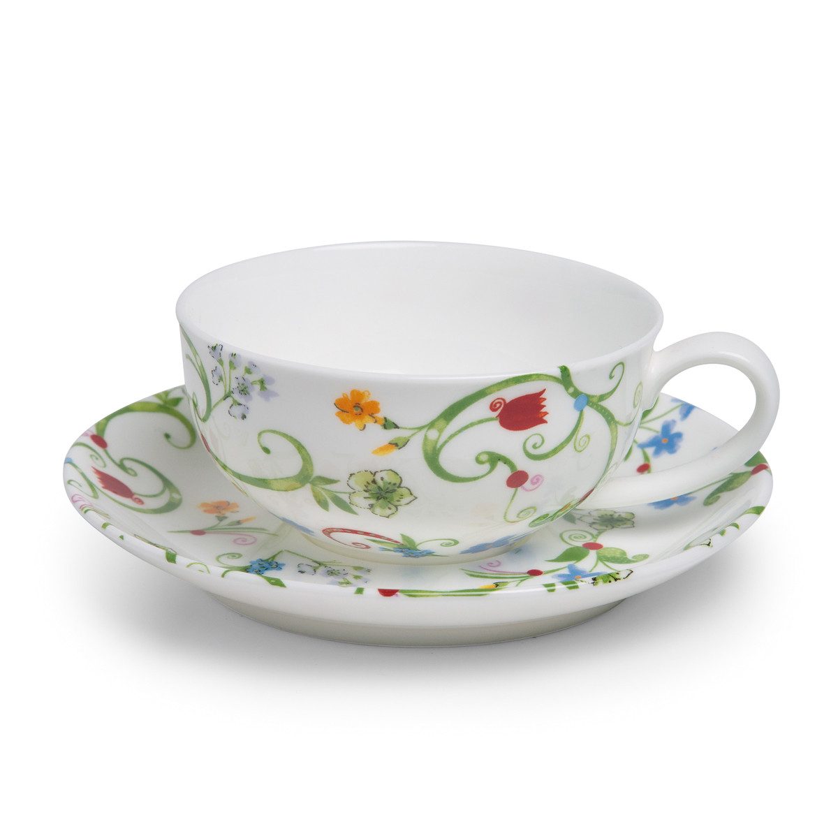 Dekomiro Teeservice TeaLogic Fleurette Tasse und Untertasse 4er Set, 4 Personen, Fine Bone China, 8 Teile für 4 Personen