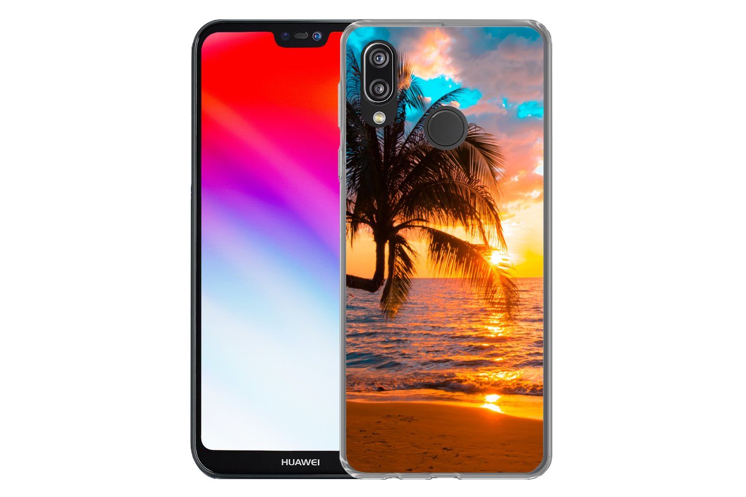 MuchoWow Handyhülle für Huawei P20 Lite (2020) Palme - Sonnenuntergang - Horizont - Strand, Handy Case, Silikon, Bumper Case Dünn