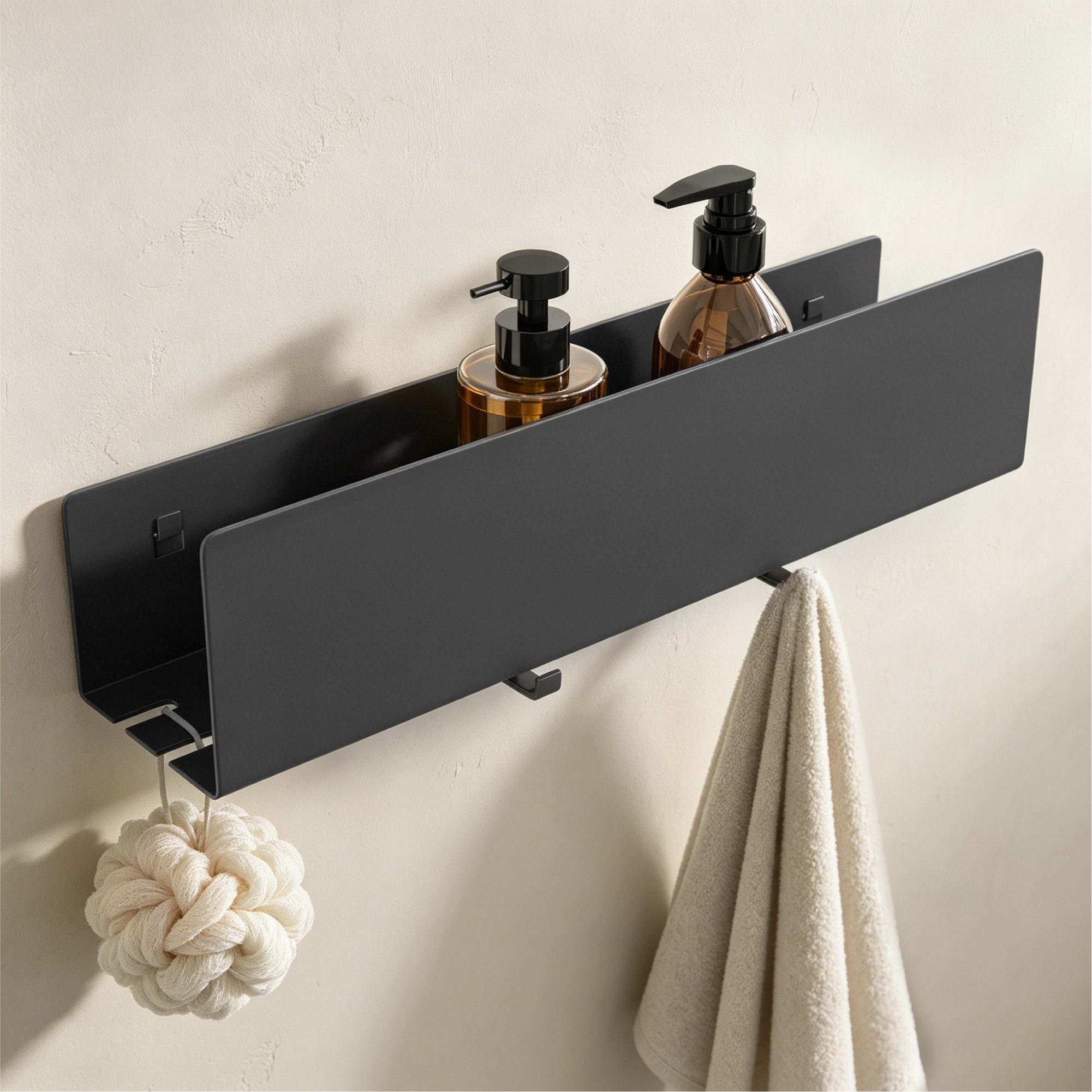 doporro Duschablage Duschregal Wandregal 40cm mit 2 Haken aus Carbonstahl Reglo-18, Offene Drainagestruktur,erhöhter Schutzrand,2 abnehmbare Haken