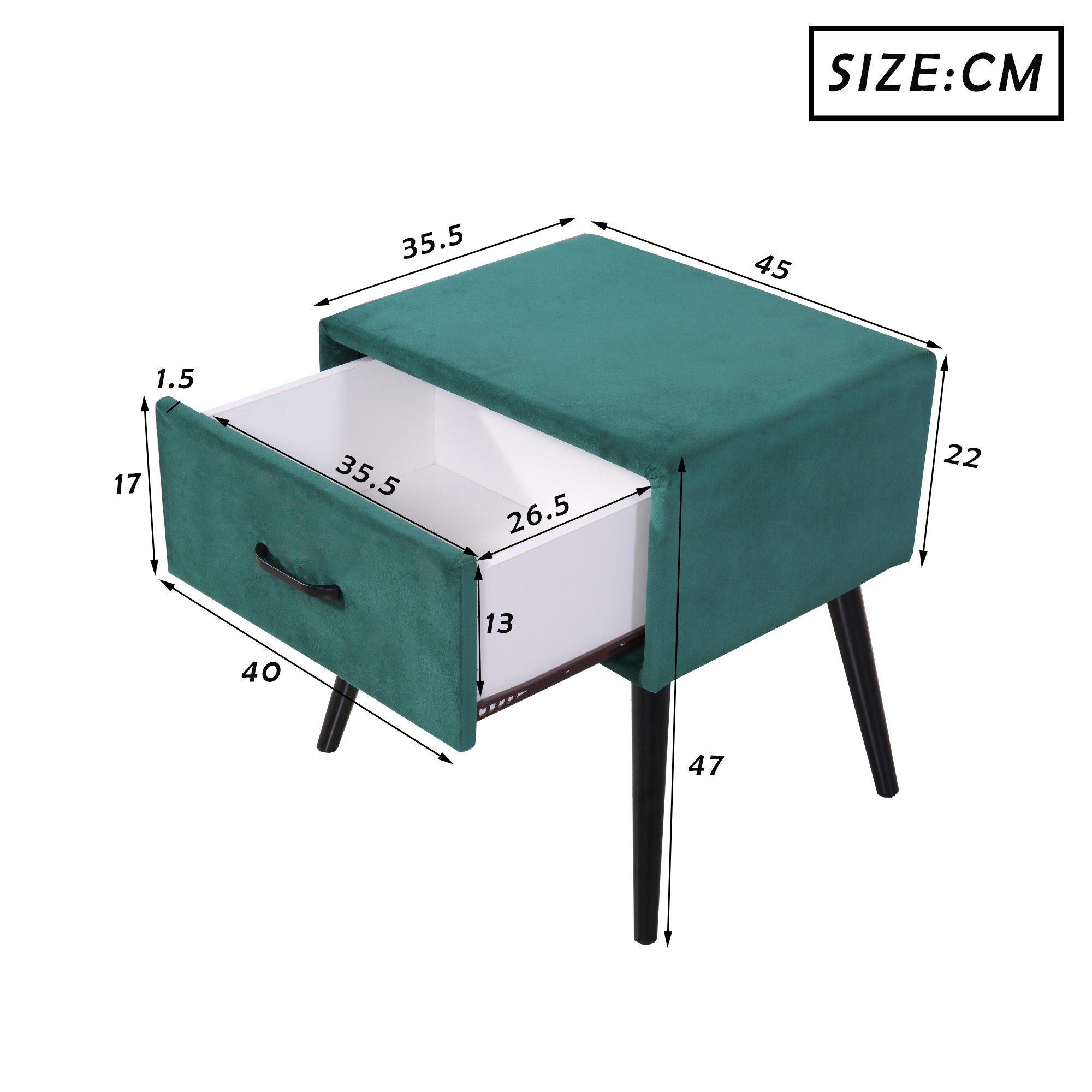 Flieks Nachttisch, einer 45x35.5x47cm Samt Nachtkommode Schublade Grün mit