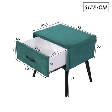 Flieks Nachttisch, Nachtkommode mit einer Schublade Samt Grün 45x35.5x47cm