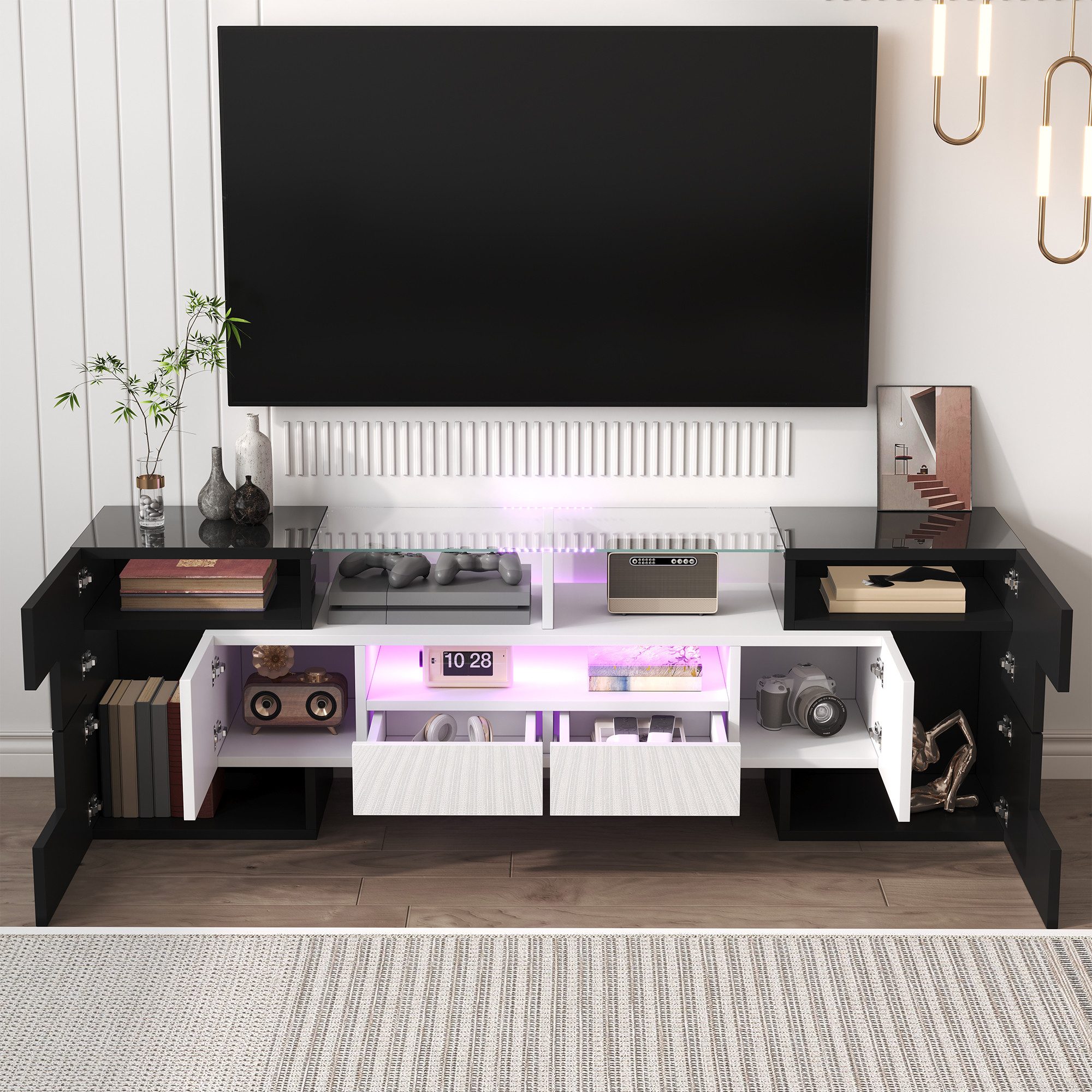 Furnishings Home Fächerschrank Beistellschrank TV-Schrank LED Sideborad Breite 145 cm (Hochglänzender quadratischer, 145x30x51 cm) Wohnzimmermöbel, moderne, Mit LED-Beleuchtung, Glastischplatte