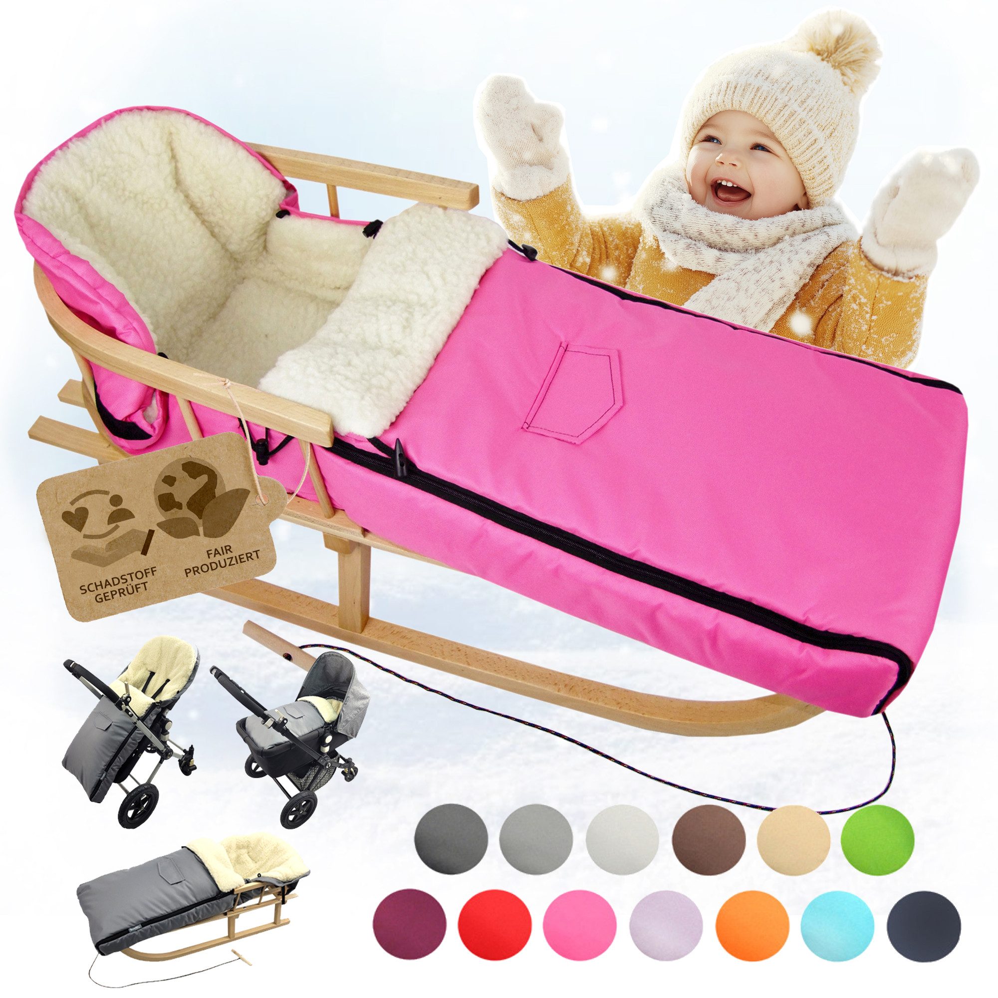 BambiniWelt by Rafael K. Санчата CE-HOLZSCHLITTEN mit Rückenlehne Zugleine + WINTERFUßSACK Wolle 108cm (universaler Winterfußsack (108cm) + Дерев'яні сани (90cm), Kombi-Angebot