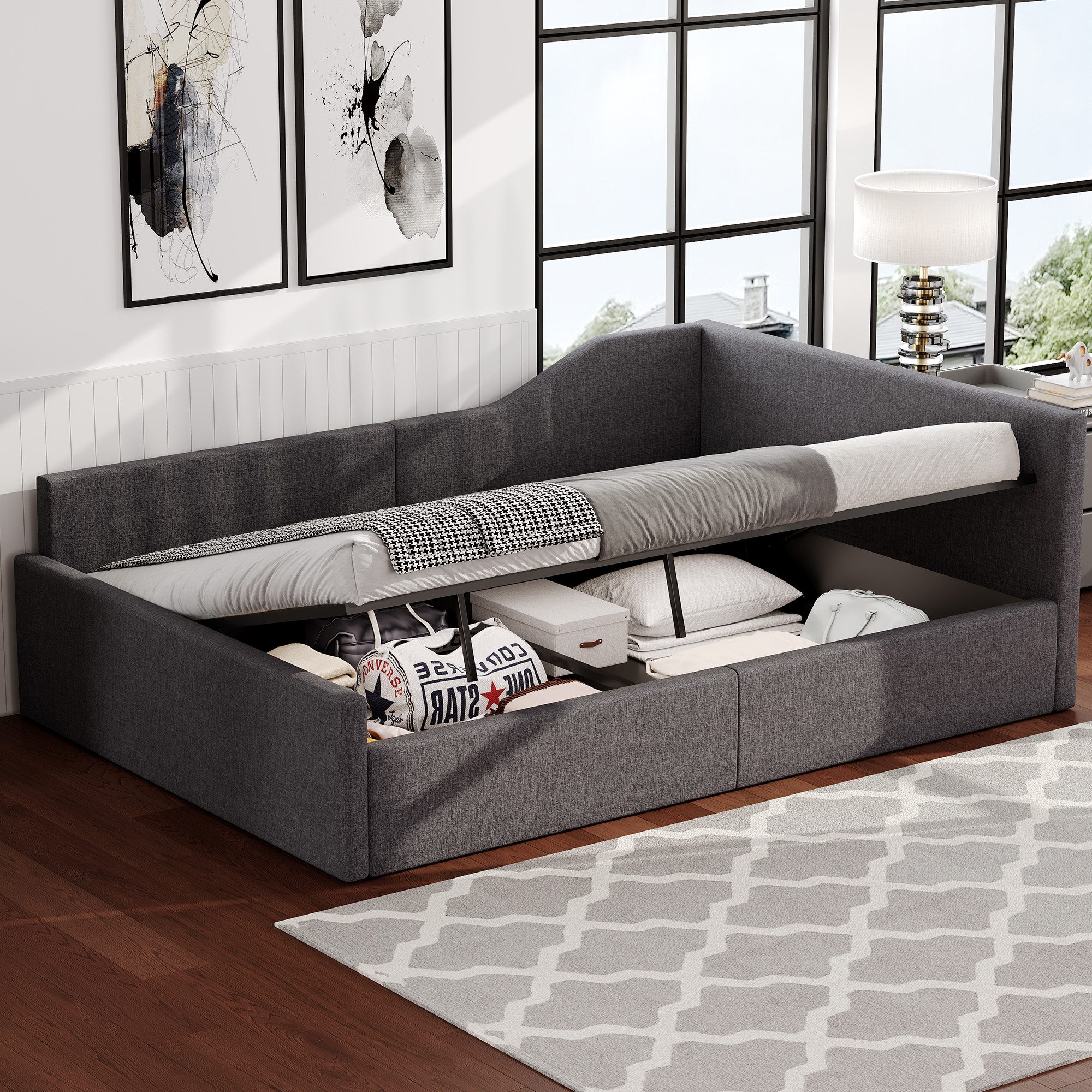 SOFTWEARY Stauraumbett mit Stauraum (140x200 cm), Polsterbett mit Lattenrost und Kopfteil, Doppelbett, Leinen – Bild 4 von 5