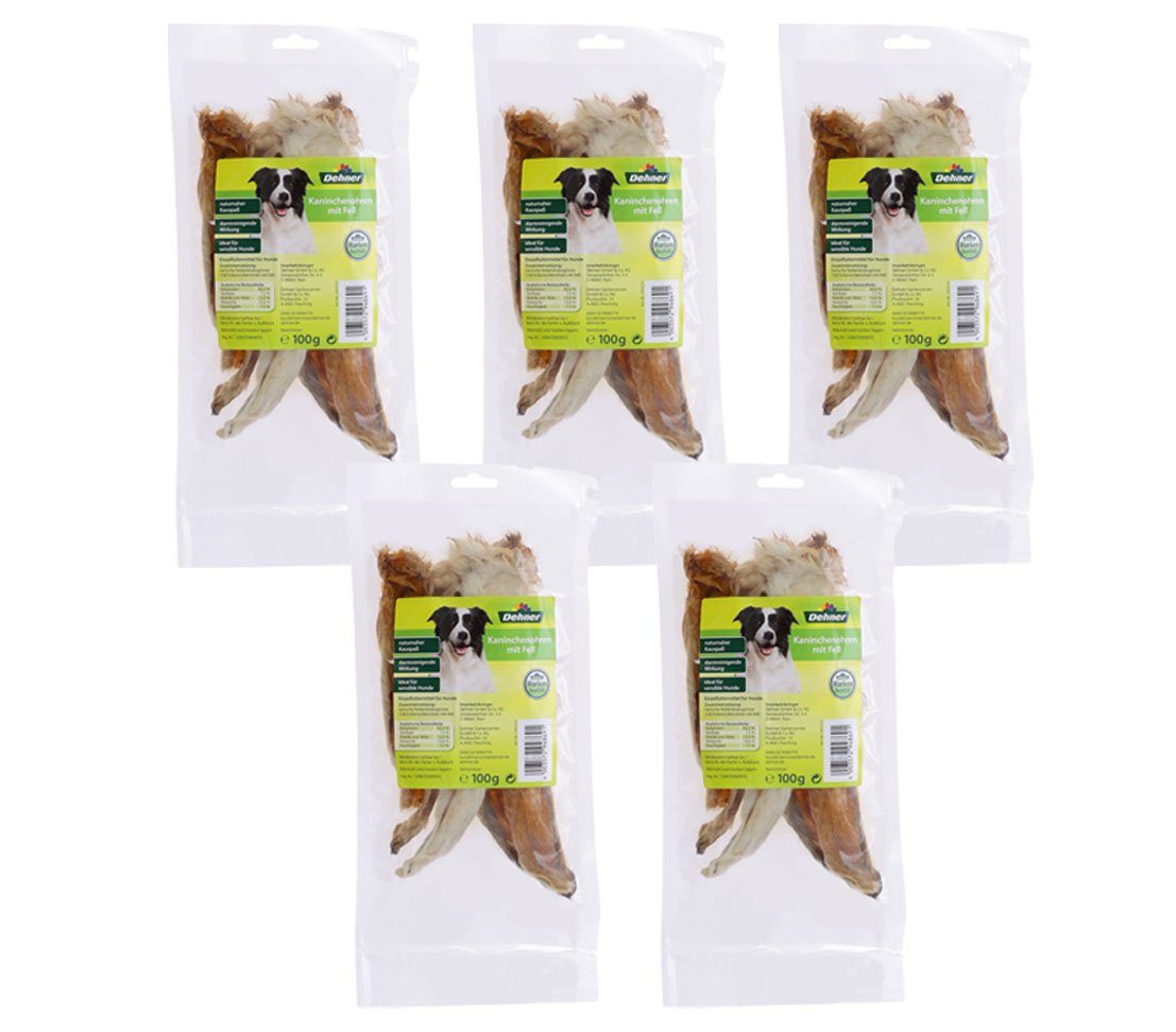 Dehner Snack, Kaninchenohren mit Fell, 5 x 100 g Kaninchen, für: Hunde