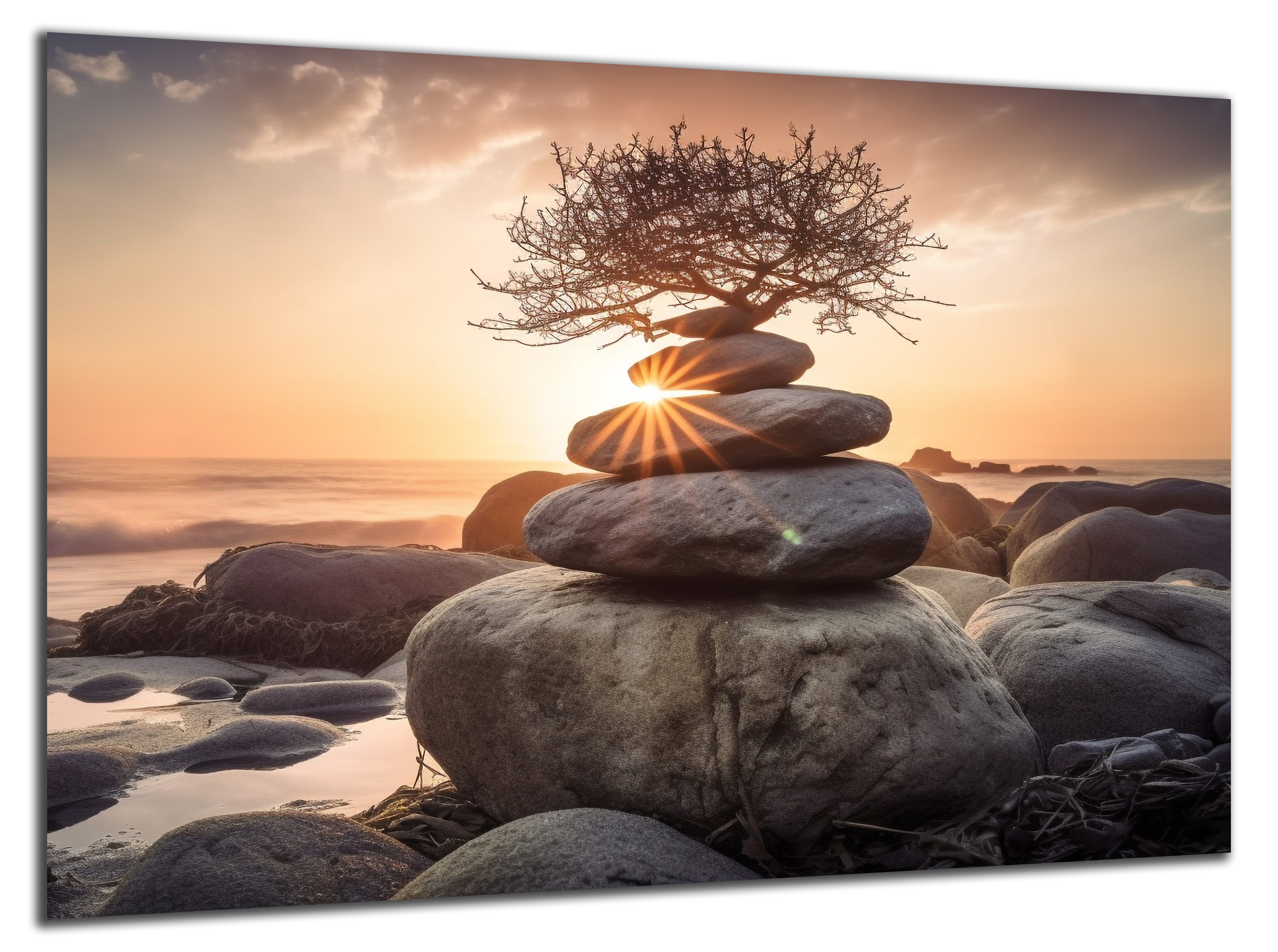 DARO Design Leinwandbild Modern Abstrakt Wandbilder XXL Wandbild Wand Deko Leinwand Bilder, (Baum mit Steinen - Bild groß Wohnzimmer Schlafzimmer Küche Esszimmer Einteilig Querformat Fotodruck Leinwände Wanddeko Abstrakte Kunst Boho), 30x20cm