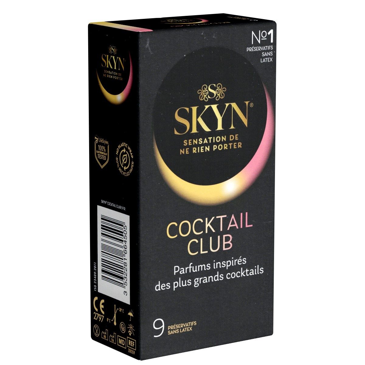 SKYN Kondome Cocktail Club Packung mit, 9 St., hypoallergene Kondome, latexfreie Kondome, mit Cocktail-Aroma (Pina Colada, Cherry Sunrise und Daiquiri Passion)