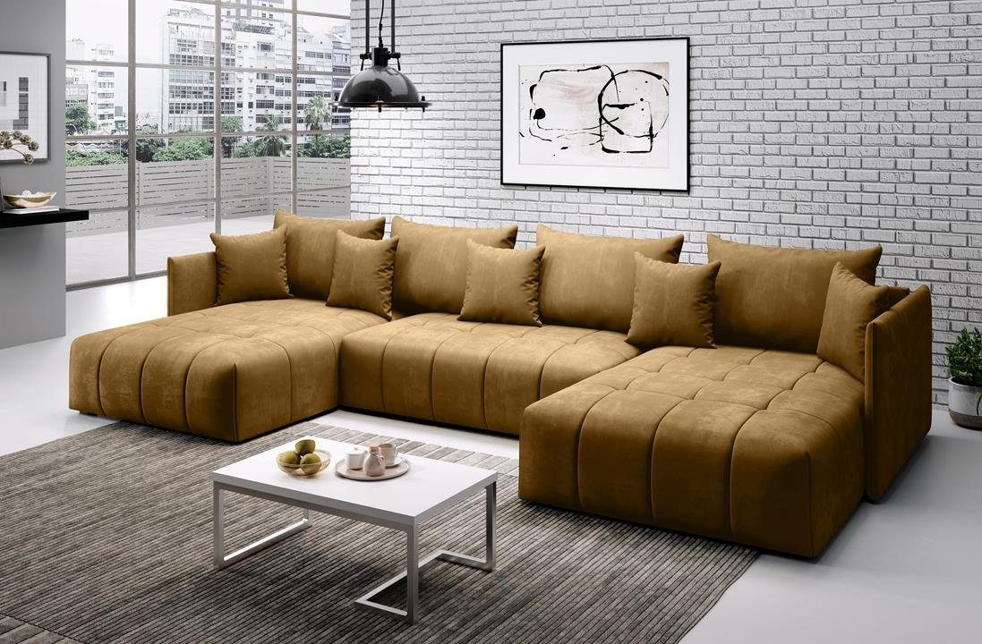 Furnix Ecksofa U-Form-Sofa ASVIL mit Schlaffunktion und Bettkasten, Farbauswahl, B353 x H80 x T180 cm, Made in Europe Gold Braun MH48