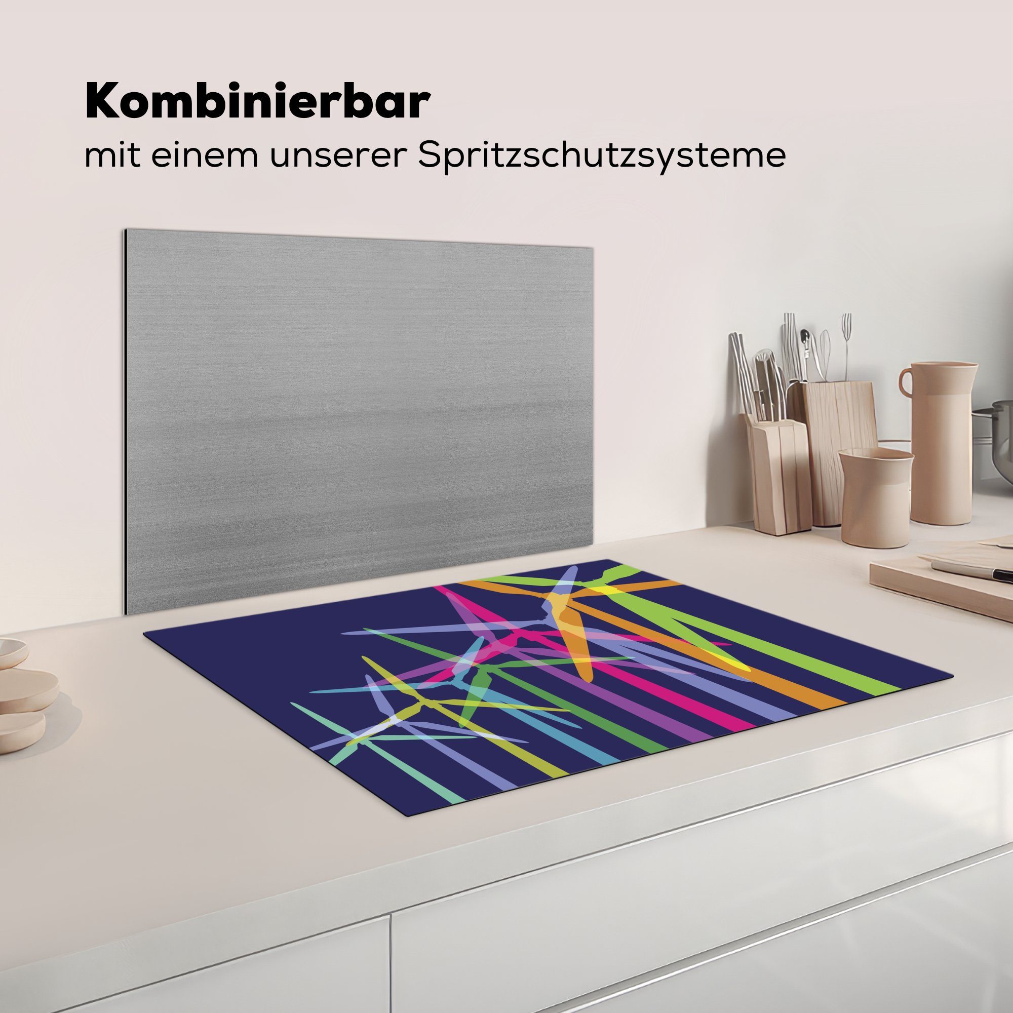 Herdblende-/Abdeckplatte Vinyl, von MuchoWow 70x52 Ceranfeldabdeckung Mobile cm, (1 Silhouetten sich Arbeitsfläche überschneidenden tlg), Illustration von, bunten, nutzbar,