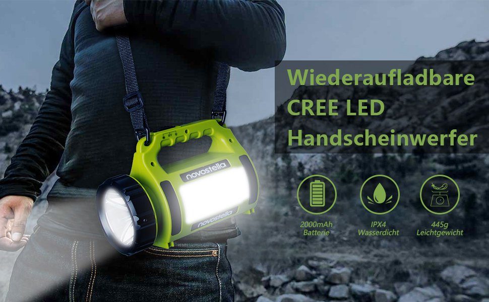 Handscheinwerfer wiederaufladbare Taschenlampe, Campinglampe Laterne Tragbar Novostella LED