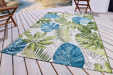 Teppich LEAF 235x160cm türkis / grün / weiß, riess-ambiente, rechteckig, Höhe: 8 mm, Wohnzimmer · Flachgewebe · florales Design · Blattmuster · Outdoor