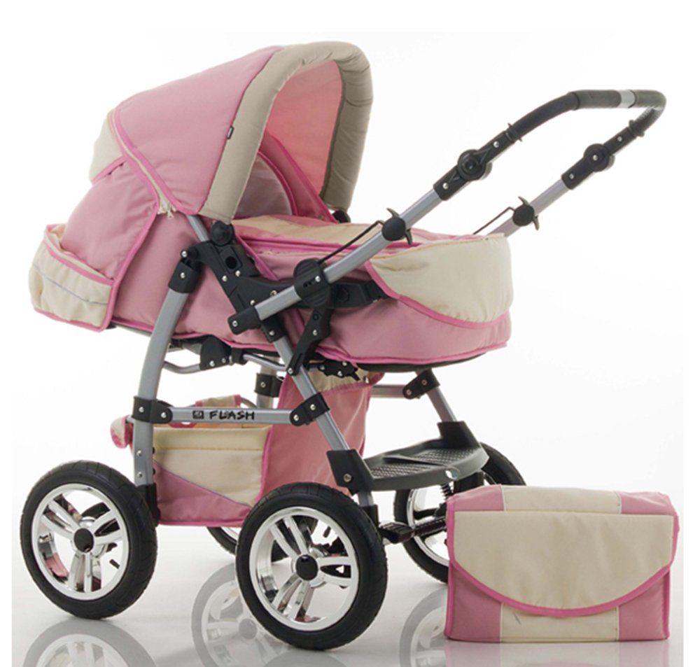 babies-on-wheels Kombi-Kinderwagen 2 in 1 Kinderwagen-Set Flash - 14 Teile - in 18 Farben Rosa-Creme