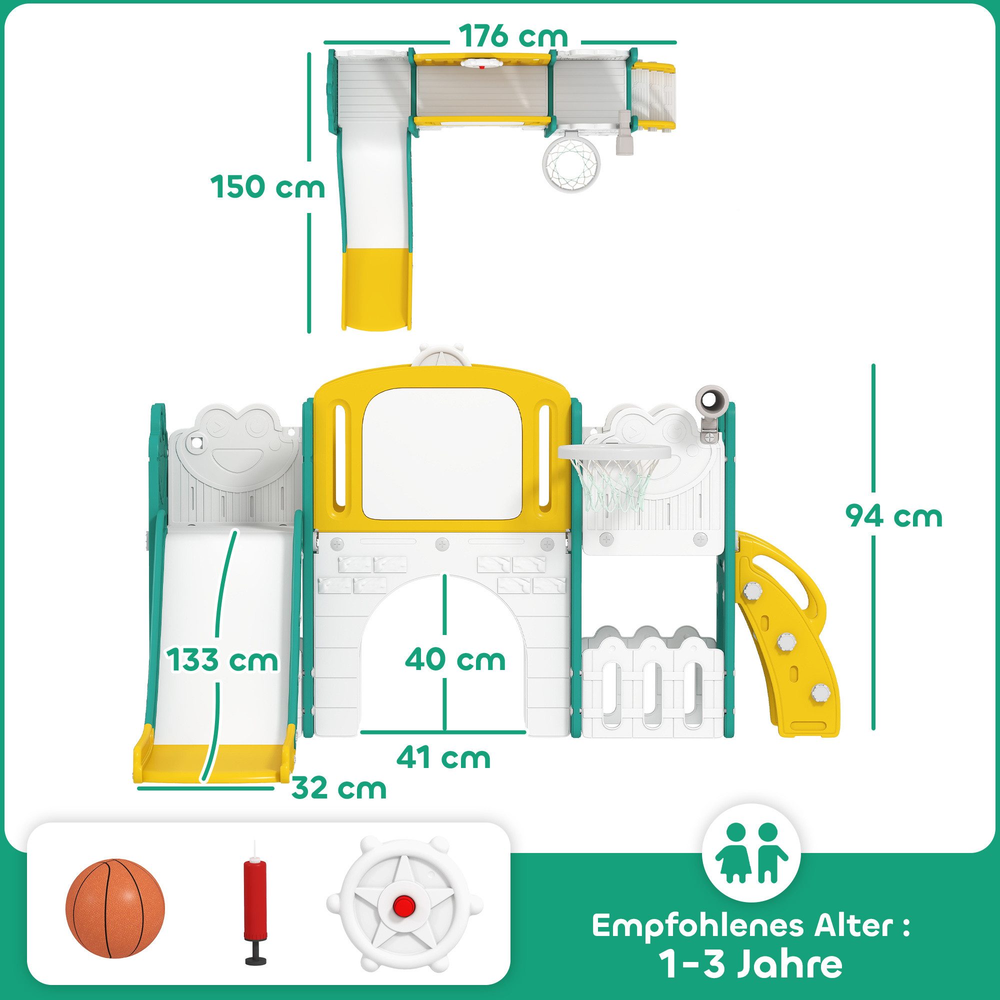 AIYAPLAY Rutsche Klettergerüst 7 in 1 Babyrutsche mit Basketballkorb, Tunnel, (Spielplatz, 1-tlg., Kinderrutsche), für Kleinkinder 1-3 Jahre, Gelb