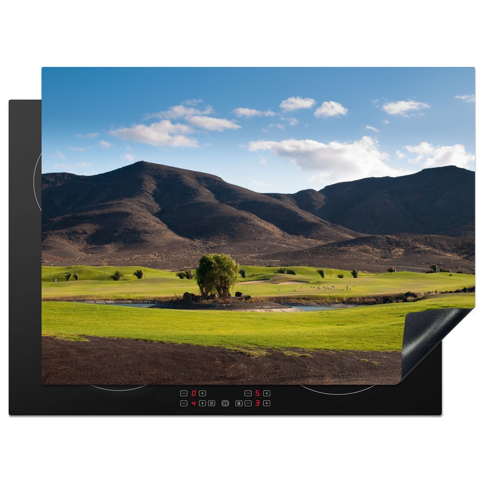 MuchoWow Herdblende-/Abdeckplatte Schwarze Berge eine für 70x52 Natur Ceranfeldabdeckung (1 nutzbar, Vinyl, Mobile cm, tlg), Arbeitsfläche grüne Fuerteventuras