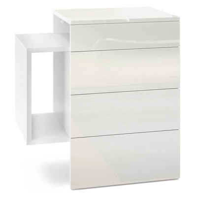 Vladon Nachttisch Queens (Nachttischschrank mit 2 Schubladen, und 1 seitlichem Fach zur Wandmontage), Weiß matt/Weiß Hochglanz (60 x 63 x 36 cm)