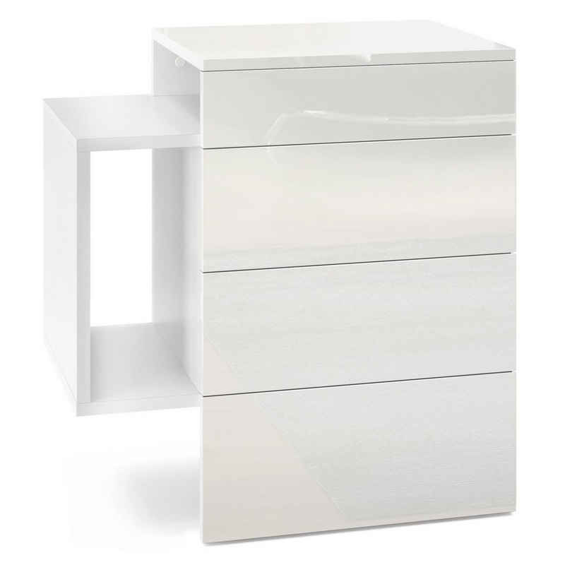 Vladon Nachtkonsole »Queens«, Nachttischschrank mit 2 Schubladen und 1 seitlichem Fach zur Wandmontage, Weiß matt/Weiß Hochglanz (60 x 63 x 36 cm)