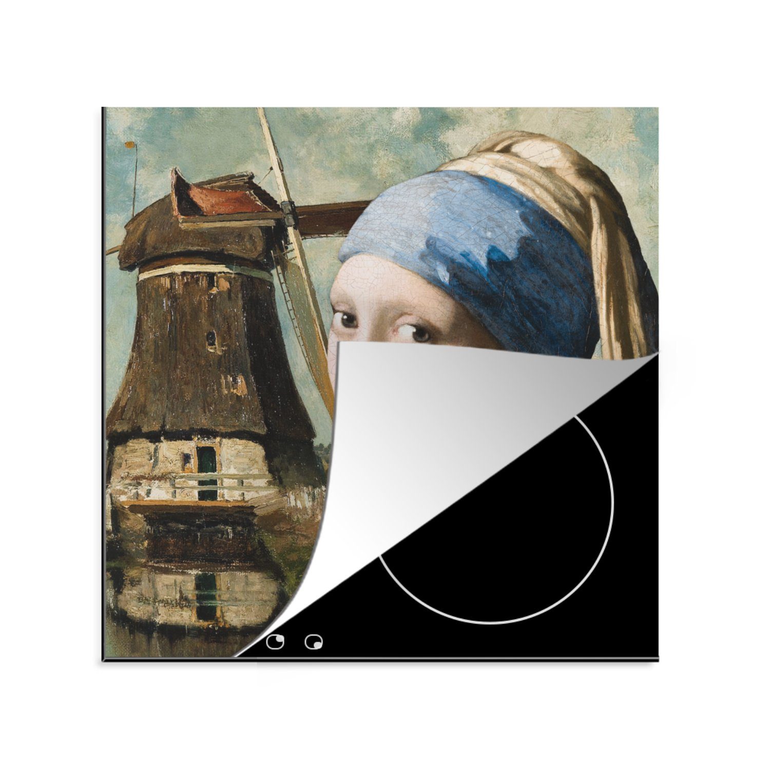 MuchoWow Herdblende-/Abdeckplatte Das Mädchen mit dem Perlenohrring - Vermeer - Windmühle, Vinyl, (1 tlg), 78x78 cm, Ceranfeldabdeckung, Arbeitsplatte für küche