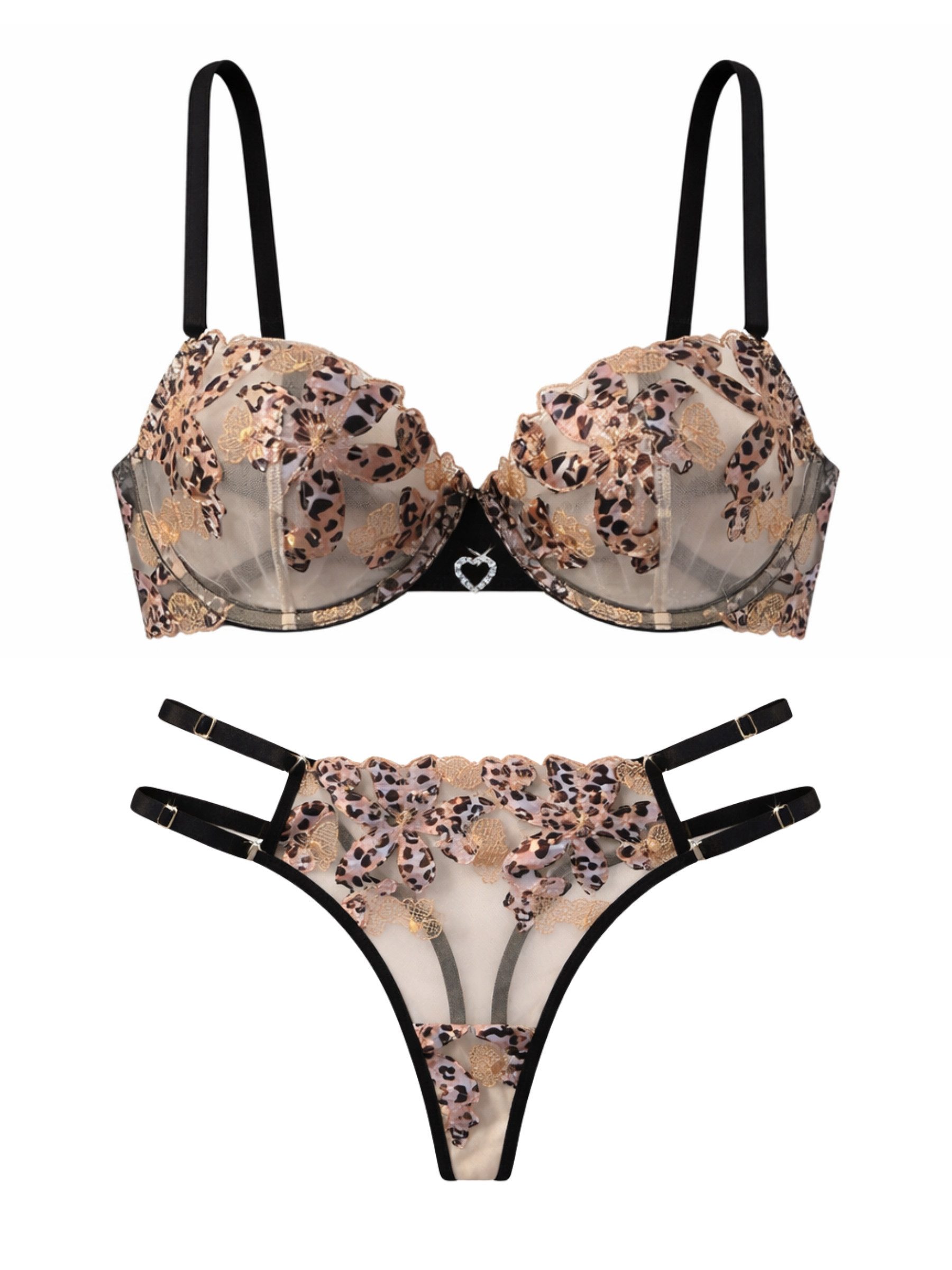 Elegant Love Set: Bügel-BH Damen Reizwäsche Set aus Spitze – Dessous-Set mit Leo Muster (Set, 2-tlg., mit Tanga) Lingerie-Set floraler Stickerei – Sexy Unterwäsche mit Animalprint
