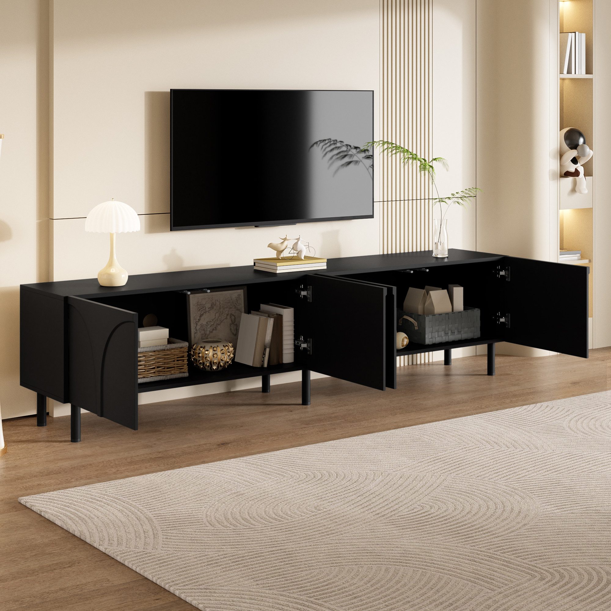 Merax Lowboard mit 3D geschwungenen Linien (180 x 35 x 49 cm (L x B x H), 1 St), TV-Schrank mit 4 Türen, 2 Staurräumen & Metallfüßen