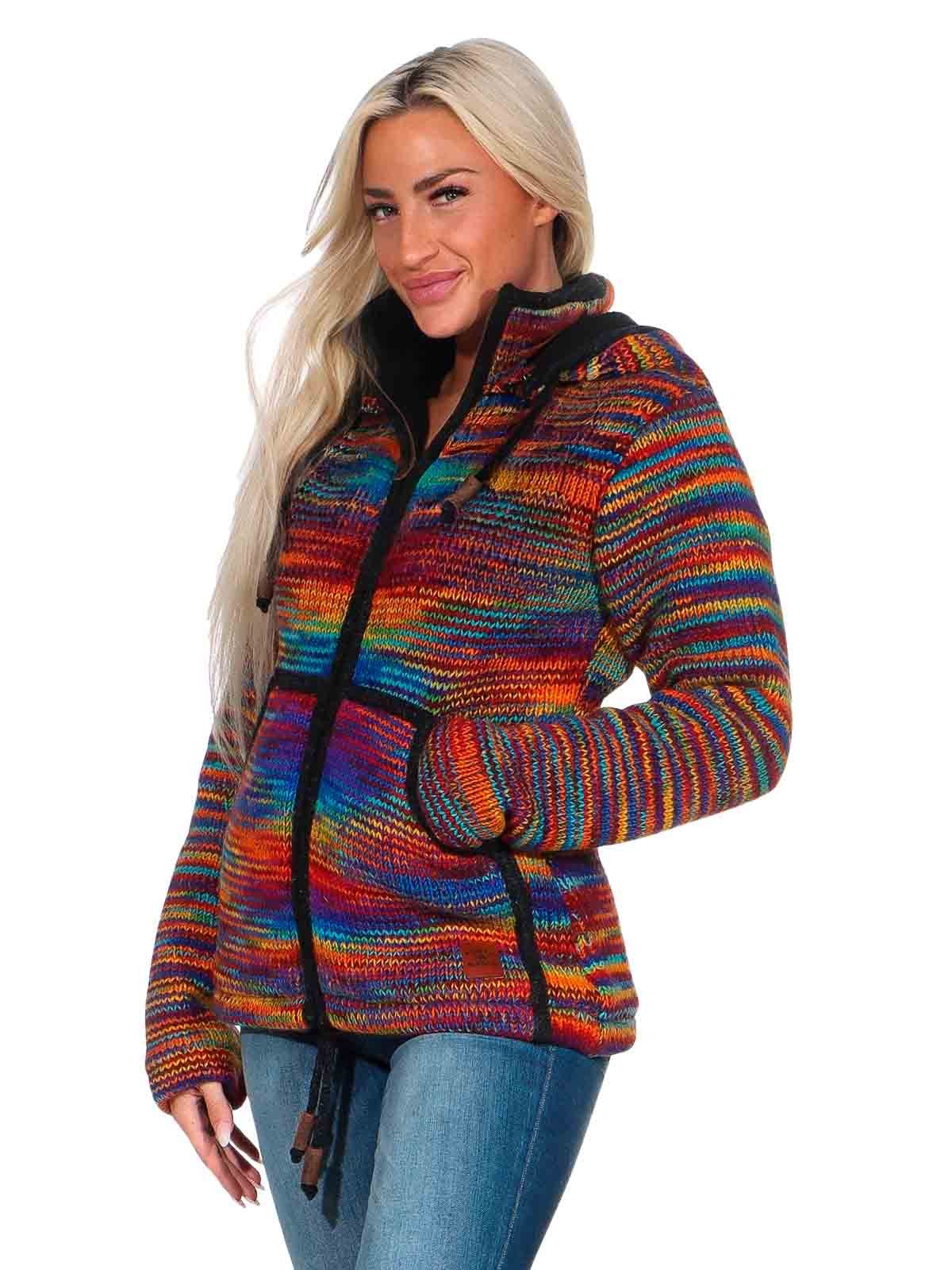 KUNST UND MAGIE Kapuzenstrickjacke Strickjacke Wolle Bunte Regenbogenjacke Fleecefutter abnehmbare Kapuze