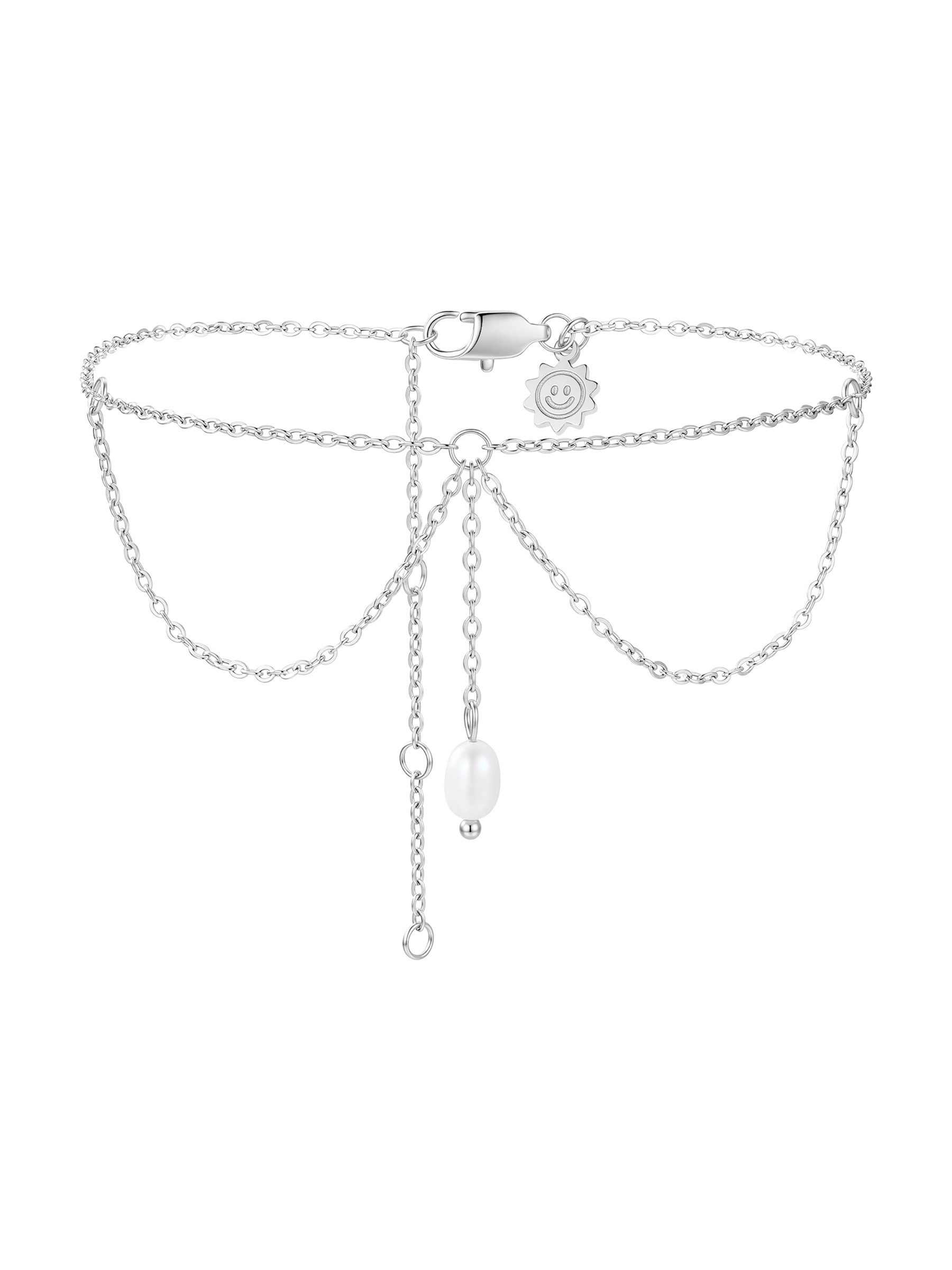 Hey Happiness Fußkette mit Anhänger Mehrlagiges Edelstahl-Fußkettchen mit Süßwasserperle, vergoldeter Damen Fußschmuck wasserfest für den Strand