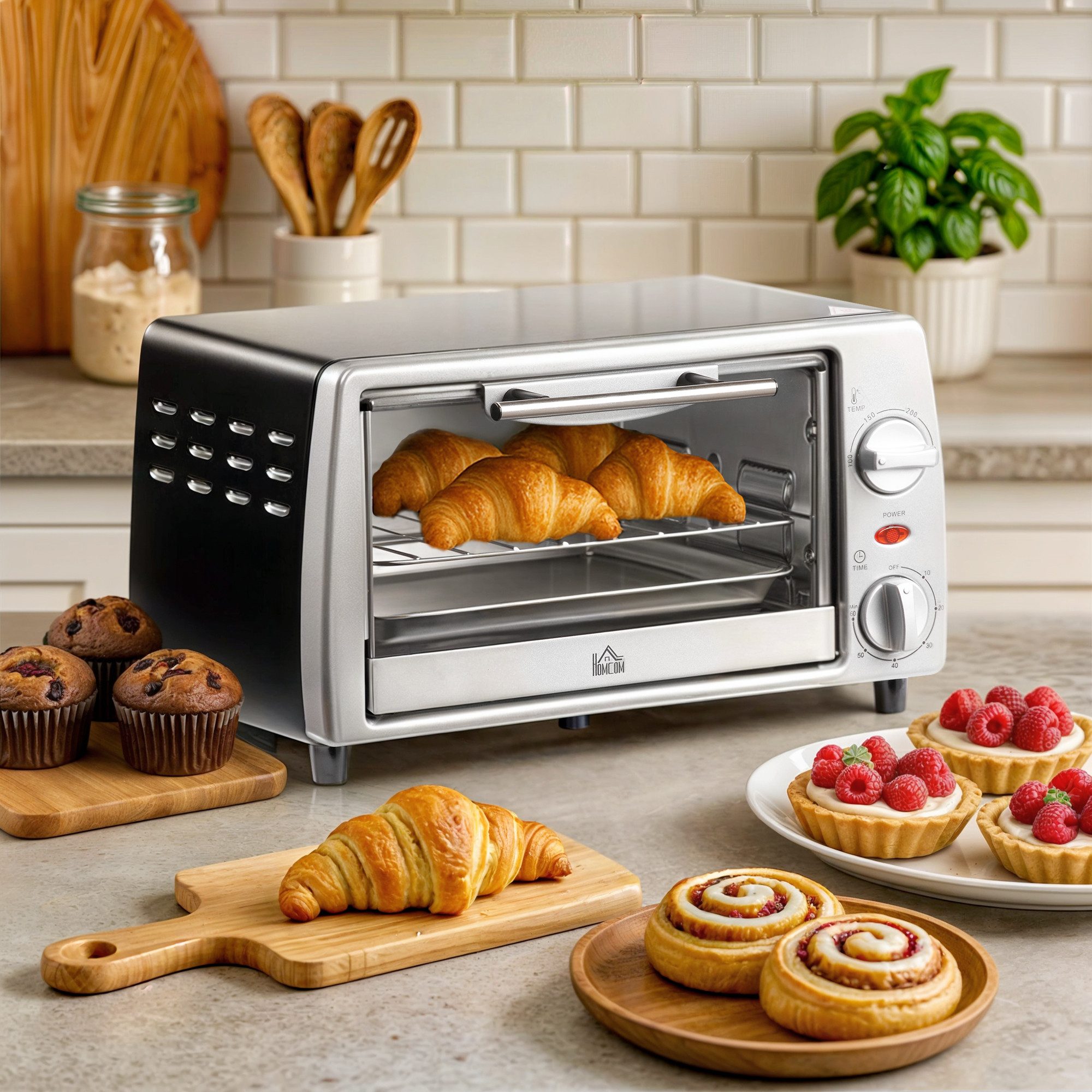 HOMCOM Minibackofen Backofen 10 L 750W 100-230℃ mit Backblech Pizza-Ofen, zum Grillen, Backen, Toasten, Silber