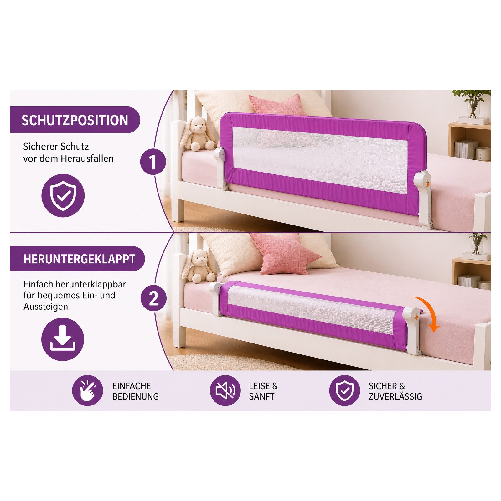 RAMROXX Bettumrandung 150cm Bettgitter Bettschutzgitter Rausfallschutz klappbar Pink