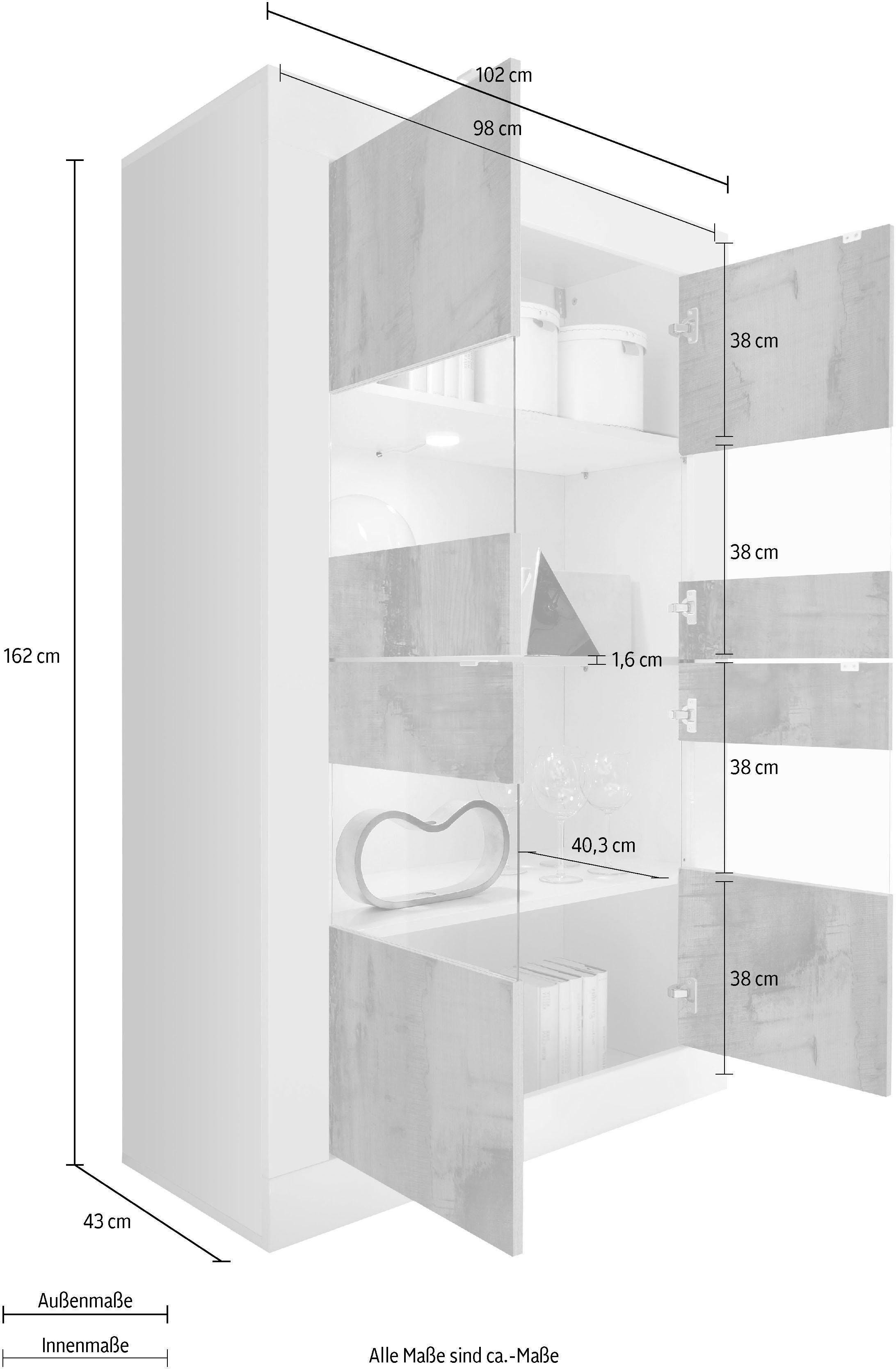 LC Stauraumvitrine Basic, Höhe 162 Lack/Pero weiß cm | Hochglanz weiß