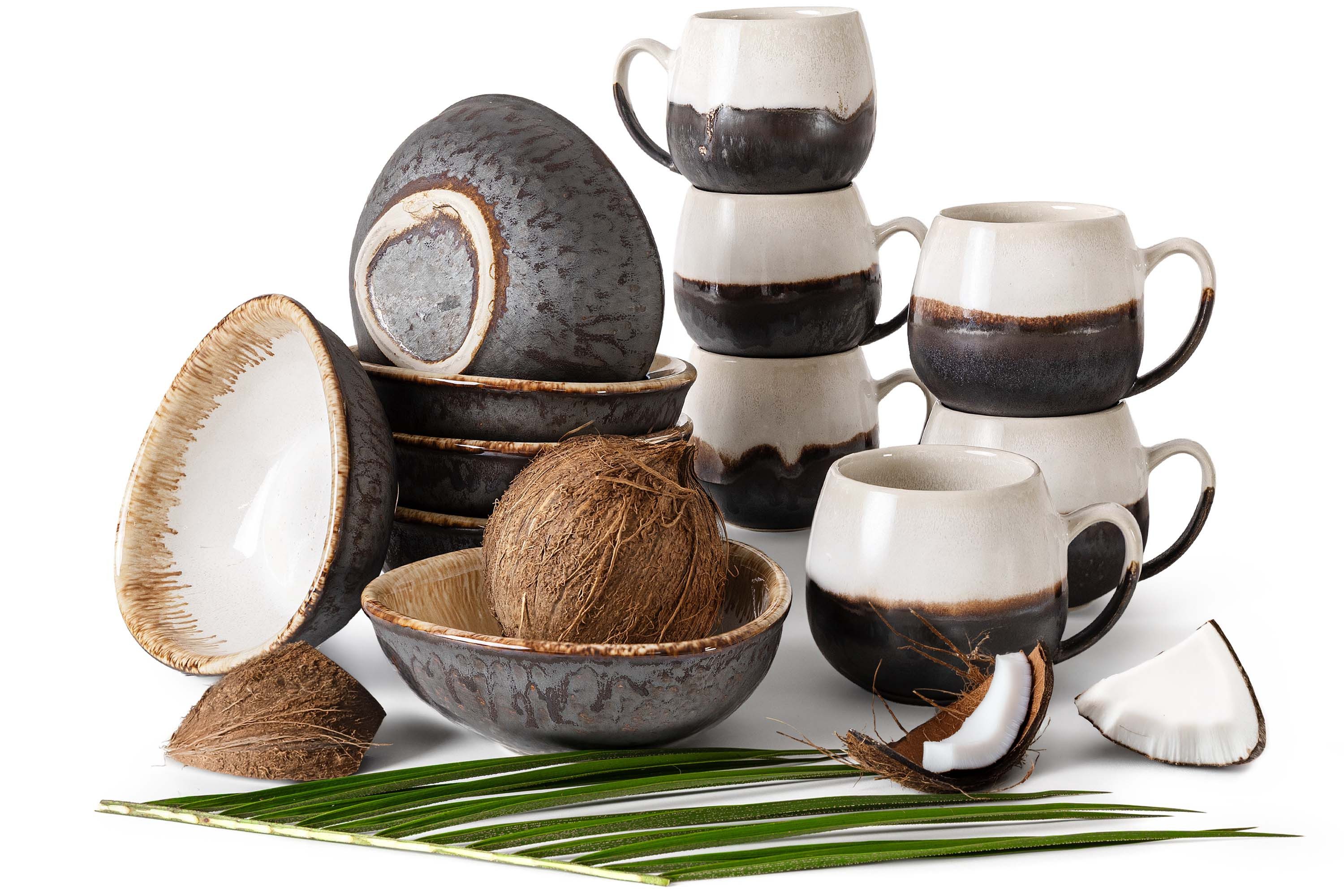 KONSIMO® Frühstücks-Geschirrset PRIMA kleines Frühstücksset, Premiumqualität aus EU (12-tlg), 6 Personen, Keramik, 6x Müslischale 400 ml, 6x Becher 400 ml, luxuriöses Qualitätsprodukt