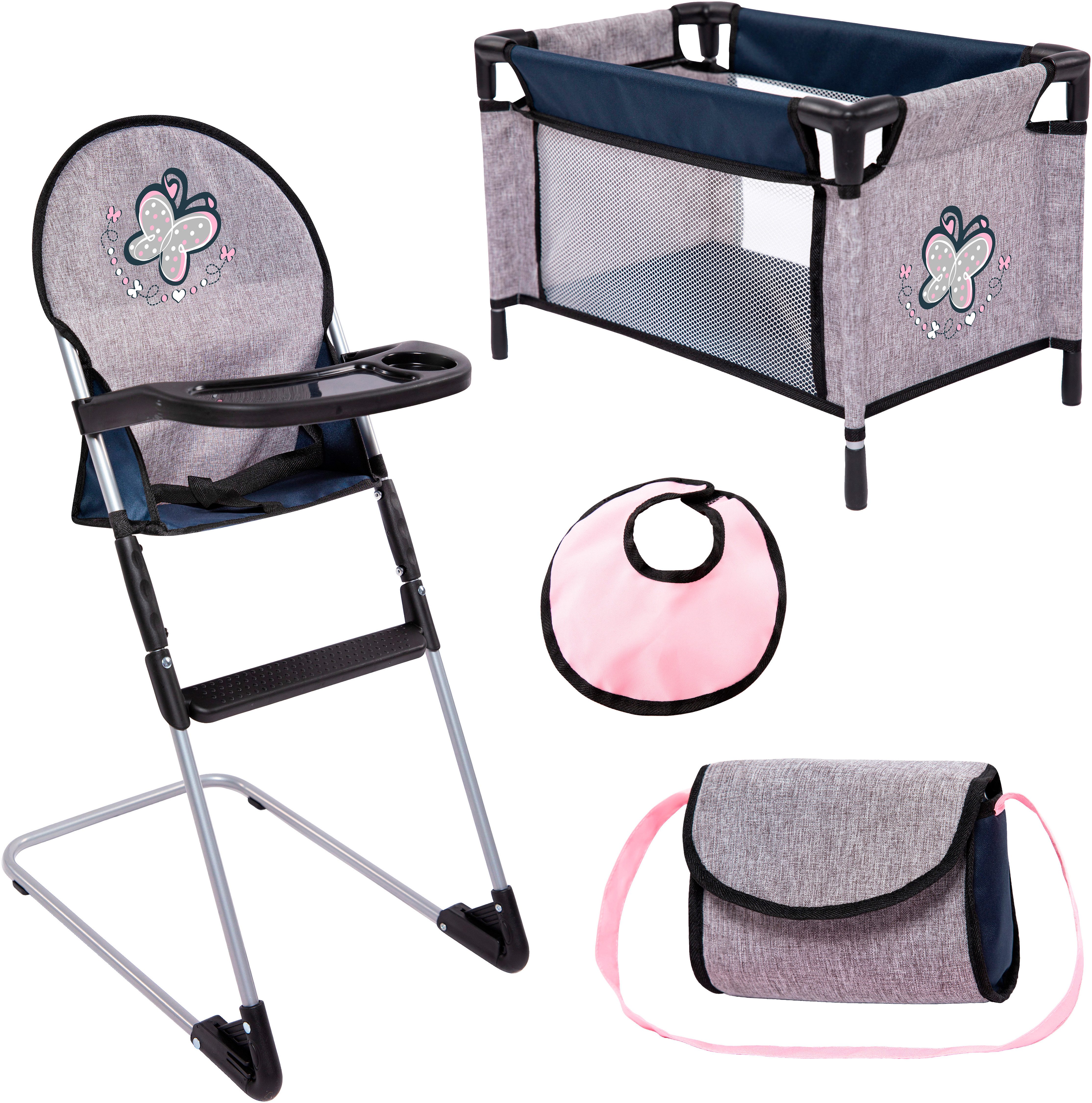 Bayer Puppenbett Puppen-Reise-Set (4tlg), inklusive Hochstuhl, Lätzchen und Umhängetasche