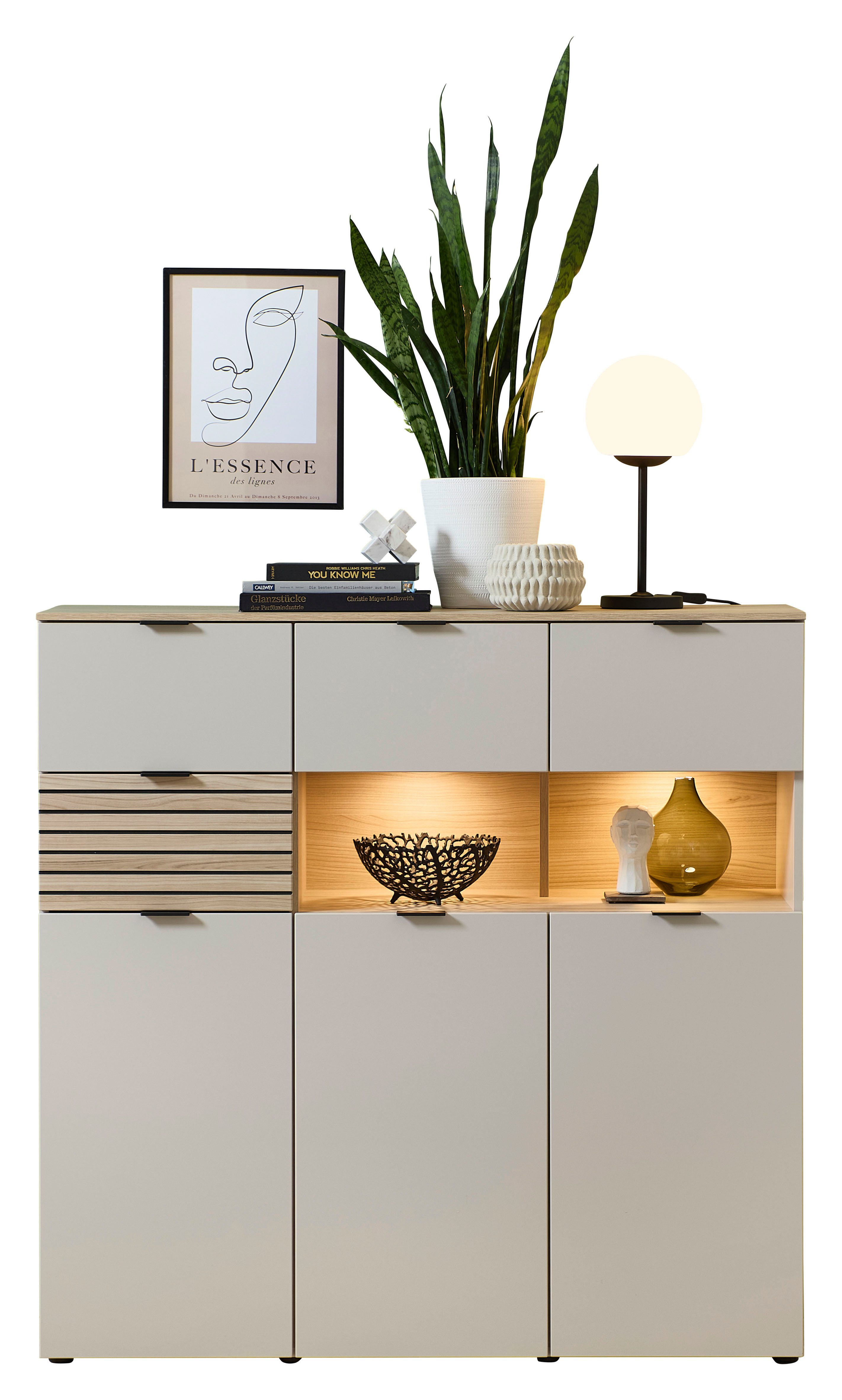 Innostyle Highboard INA (1 St), 3 türig, 4 Schubladen, inkl. Beleuchtung, Softclose