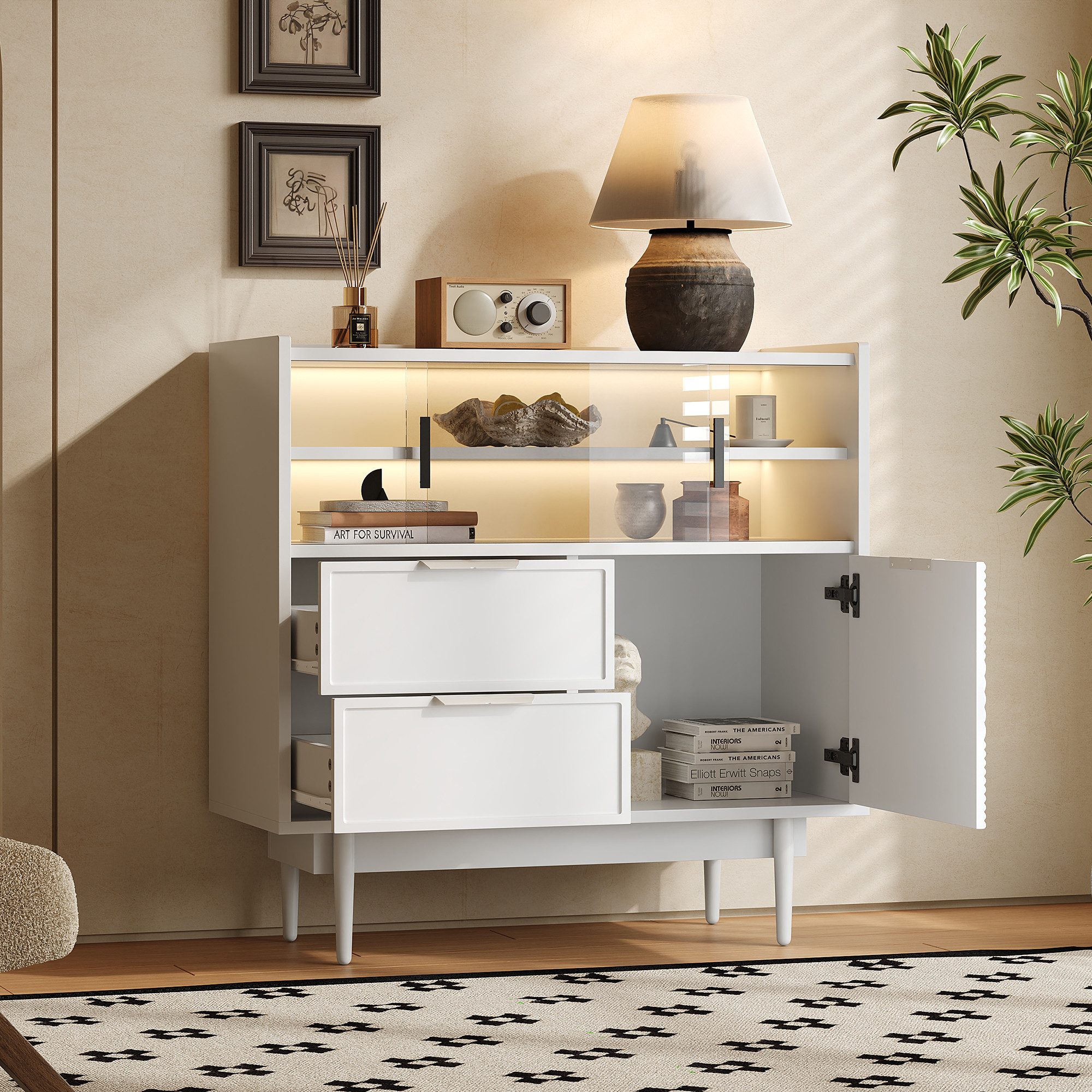 Flieks Sideboard mit 2 Schubladen und 2 Glasschiebetüren (1 St., B80/T35/H80 cm), Kommode mit LED-Beleuchtung Wohnzimmerschrank Weiß, Metallbeine
