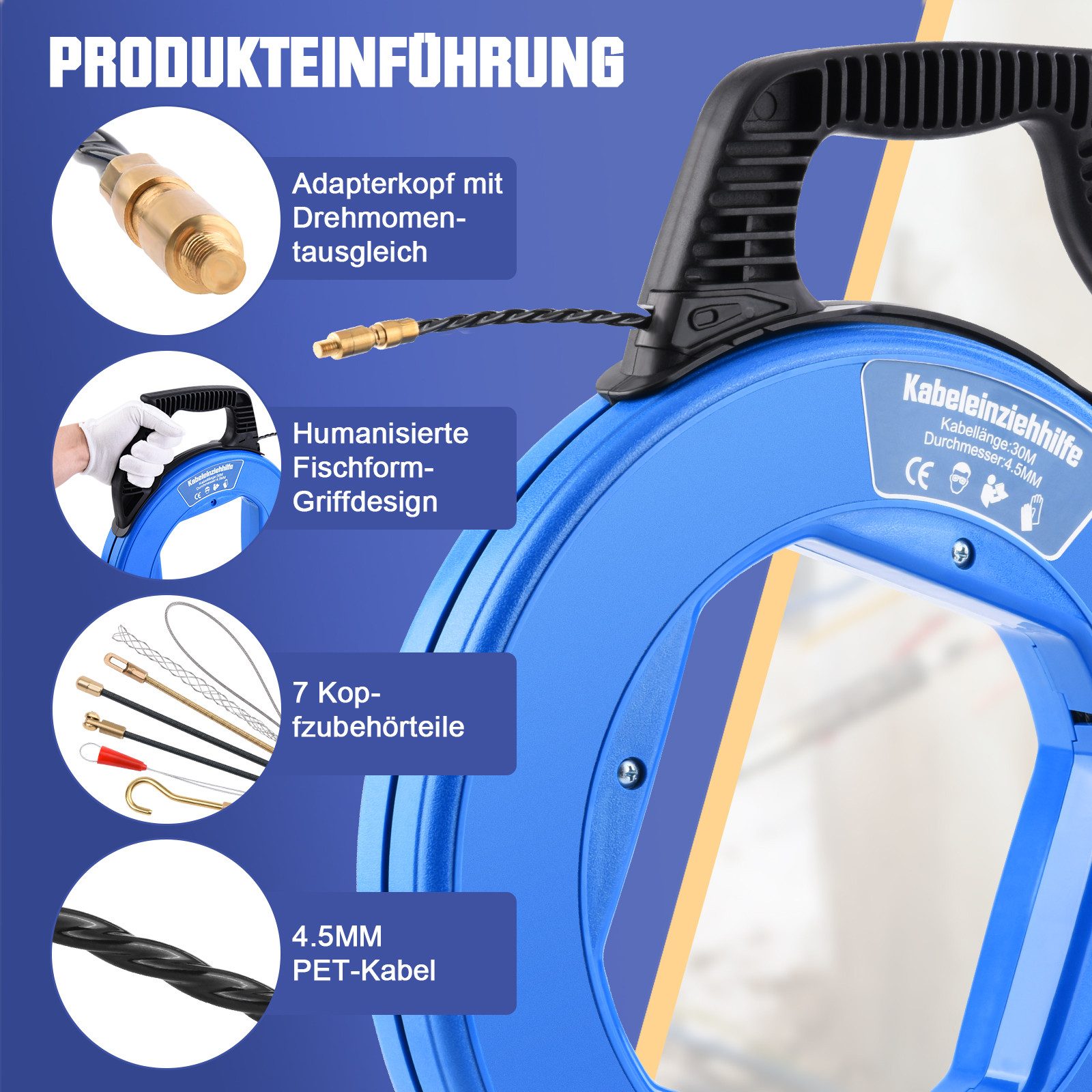 XERSEK Kabelführung Kabeleinziehhilfe 4,5mm Einziehspirale inkl. 7 Adapter Einziehhilfe (Einziehfeder Kabelzieher für Leerrohre), Zugdraht, Kabel & Elektroinsta – Bild 3 von 5