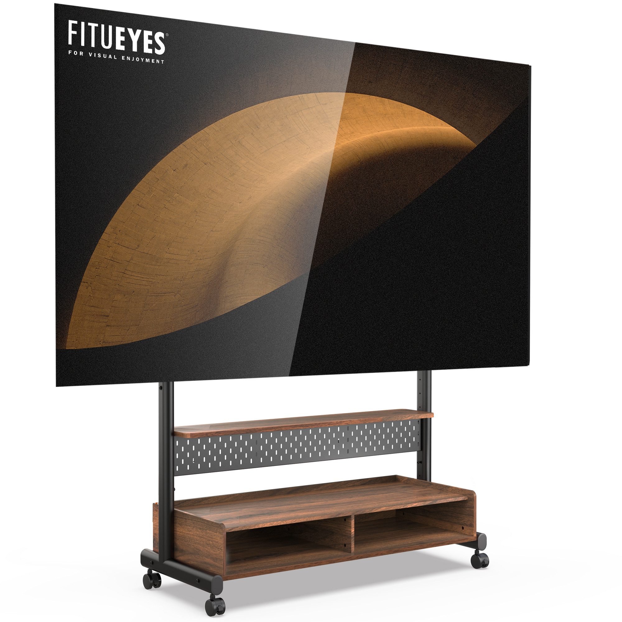 FITUEYES TV-Ständer TV Rollwagen mit Lenkrollen, Ablage, 2 Fächern, Lochplatte, (bis 100,00 Zoll, höhenverstellbare, 70-100 Zoll)