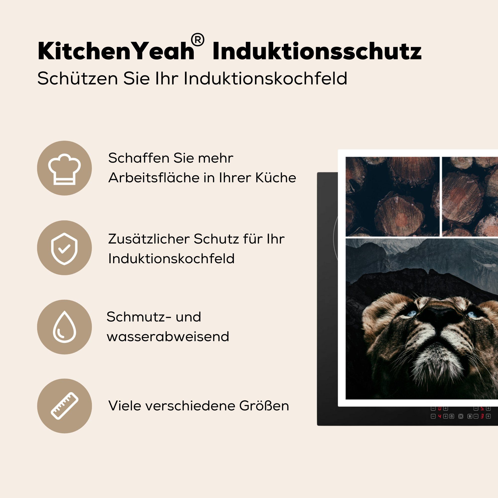 (1 küche, 81x52 Collage - tlg), für MuchoWow - Schutz Vinyl, Ceranfeldabdeckung Induktionskochfeld die Holz, Herdblende-/Abdeckplatte cm, Tiger