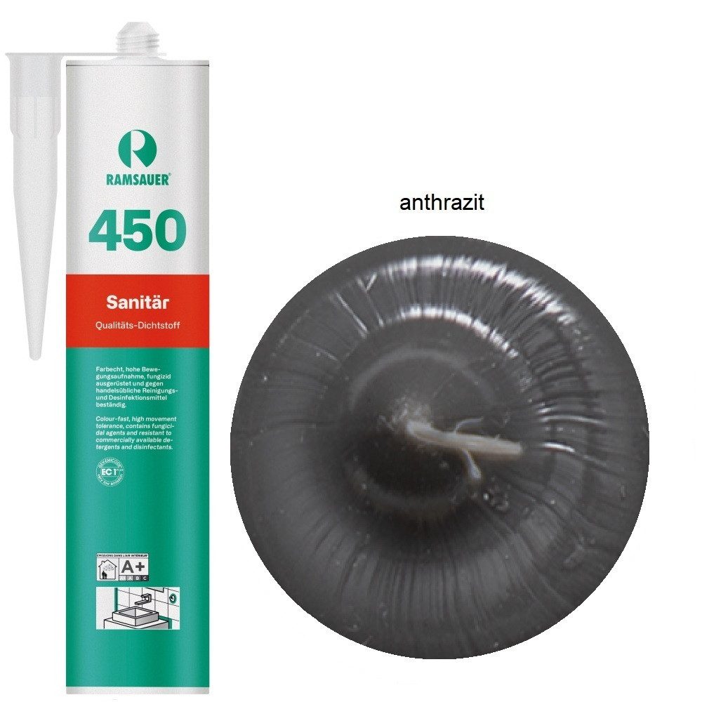Ramsauer Dichtstoff Ramsauer 450 Sanitär 1K Silikon Dichtstoff 310ml Kartusche anthrazit, gebrauchsfertig, chemisch widerstandsfähig, schnellhärtend, UV-beständig, pilzhemmend