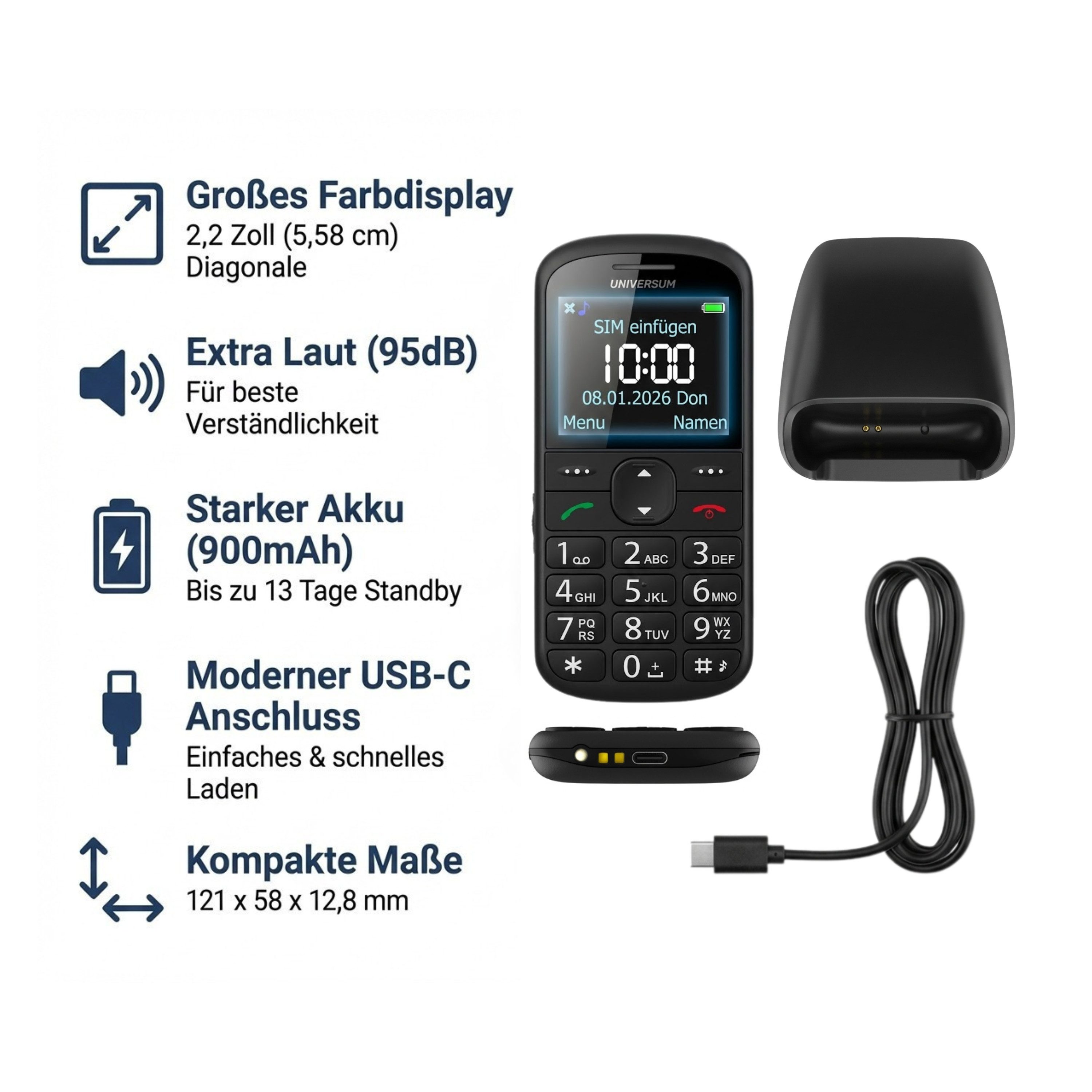 UNIVERSUM* W60-C Seniorenhandy (5.6 cm/2.2 Zoll, Große Tasten, Sprachansage, Notruf, Radio, USB-C, Bluetooth) – Bild 5 von 5
