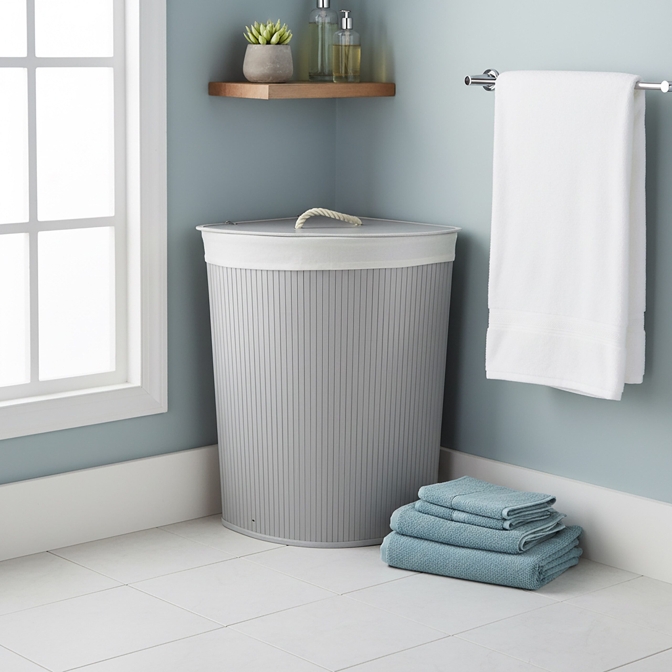 relaxdays Wäschekorb Bambus Eckwäschekorb mit Deckel, grau günstig online kaufen