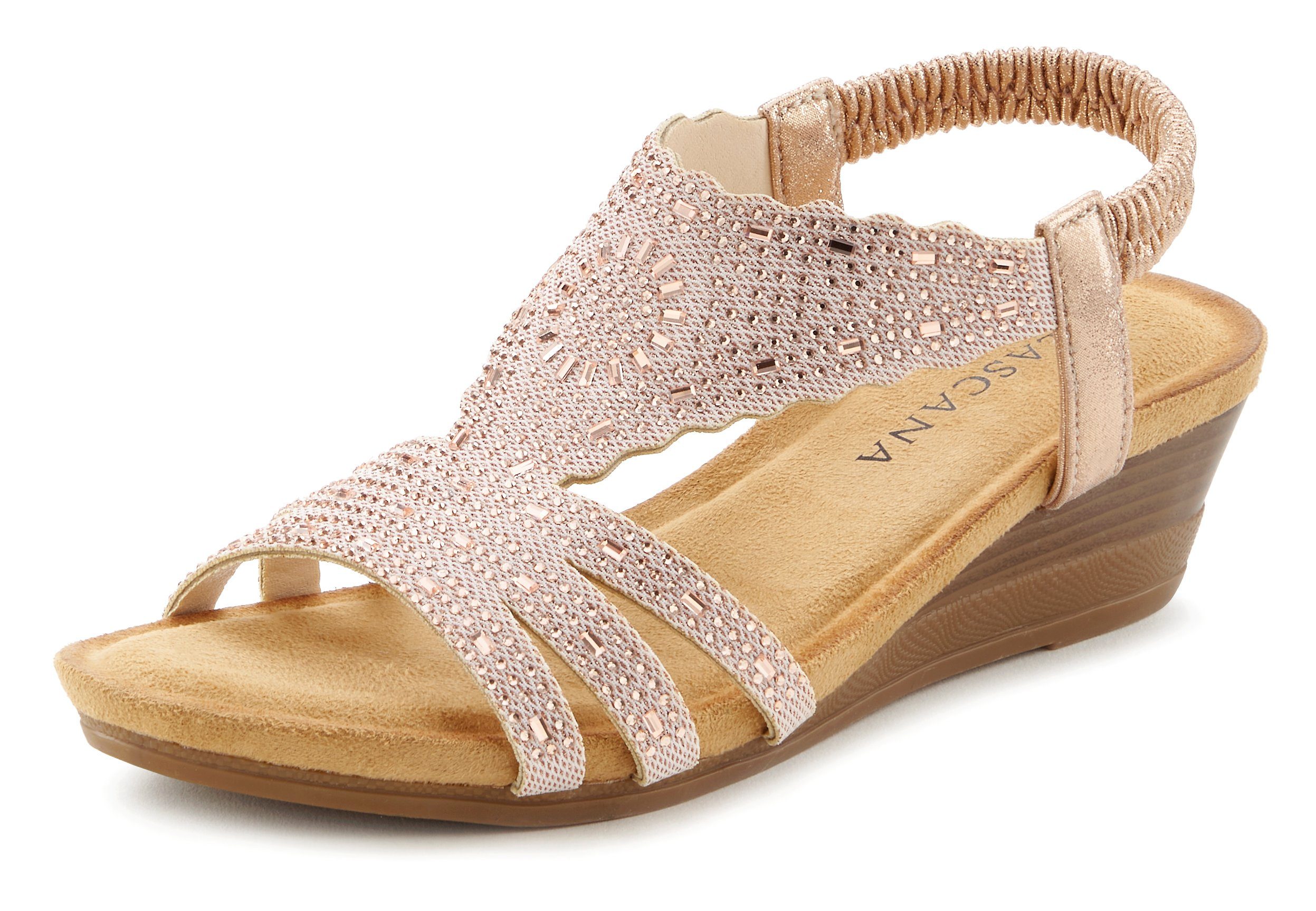 LASCANA Sommerschuh, offener Schuh, Sandale, Sandalette mit Glitzerdetails, Keilabsatz & elastischem Riemchen