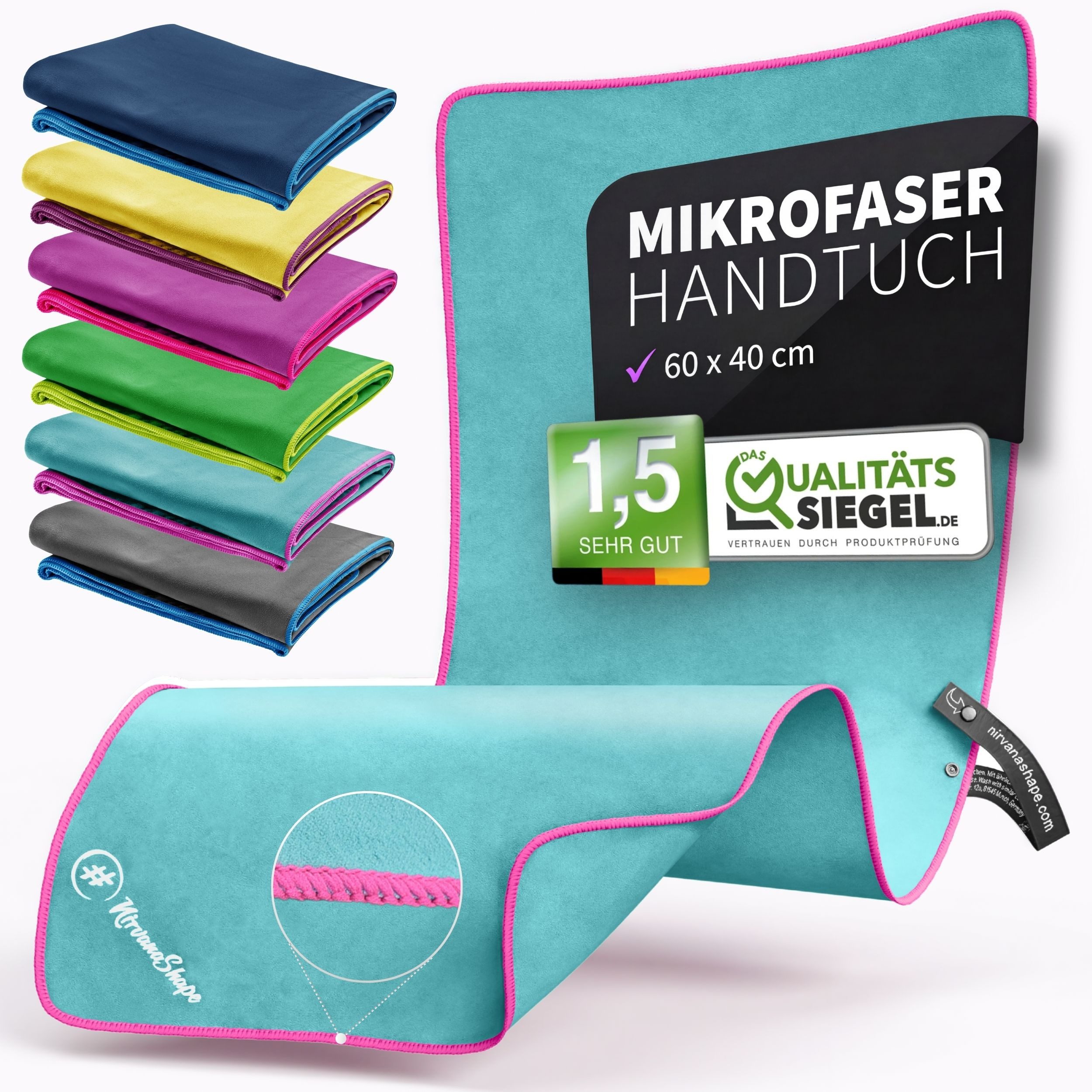 NirvanaShape Reisehandtuch Mikrofaser Handtücher Set, Badehandtuch, Reisehandtuch, Strandtuch, Ecktasche mit Reißverschluss, saugfähig, leicht, schnelltrocknend