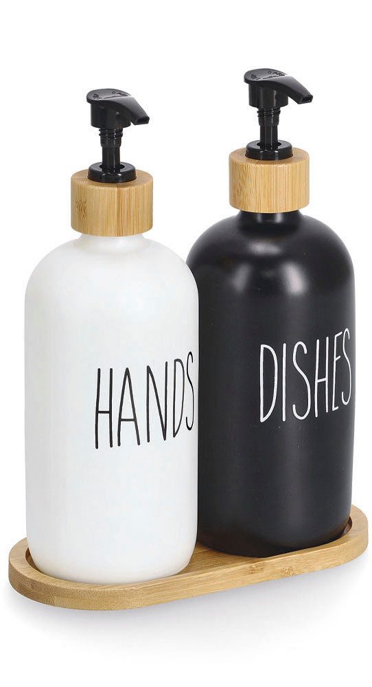 Zeller Present Spülmittelspender, (Set, 3-tlg), Glas / Bambus, Füllmenge je 500 ml, inkl. Tablett