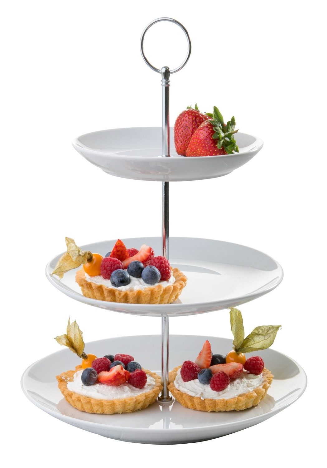 Home4You Etagere Servier-Ständer, Höhe 37 cm, 3 Etagen, weiß, Porzellan, (1-tlg), Ø 26 cm, für Obst, Süßigkeiten, Kuchen, Desserts