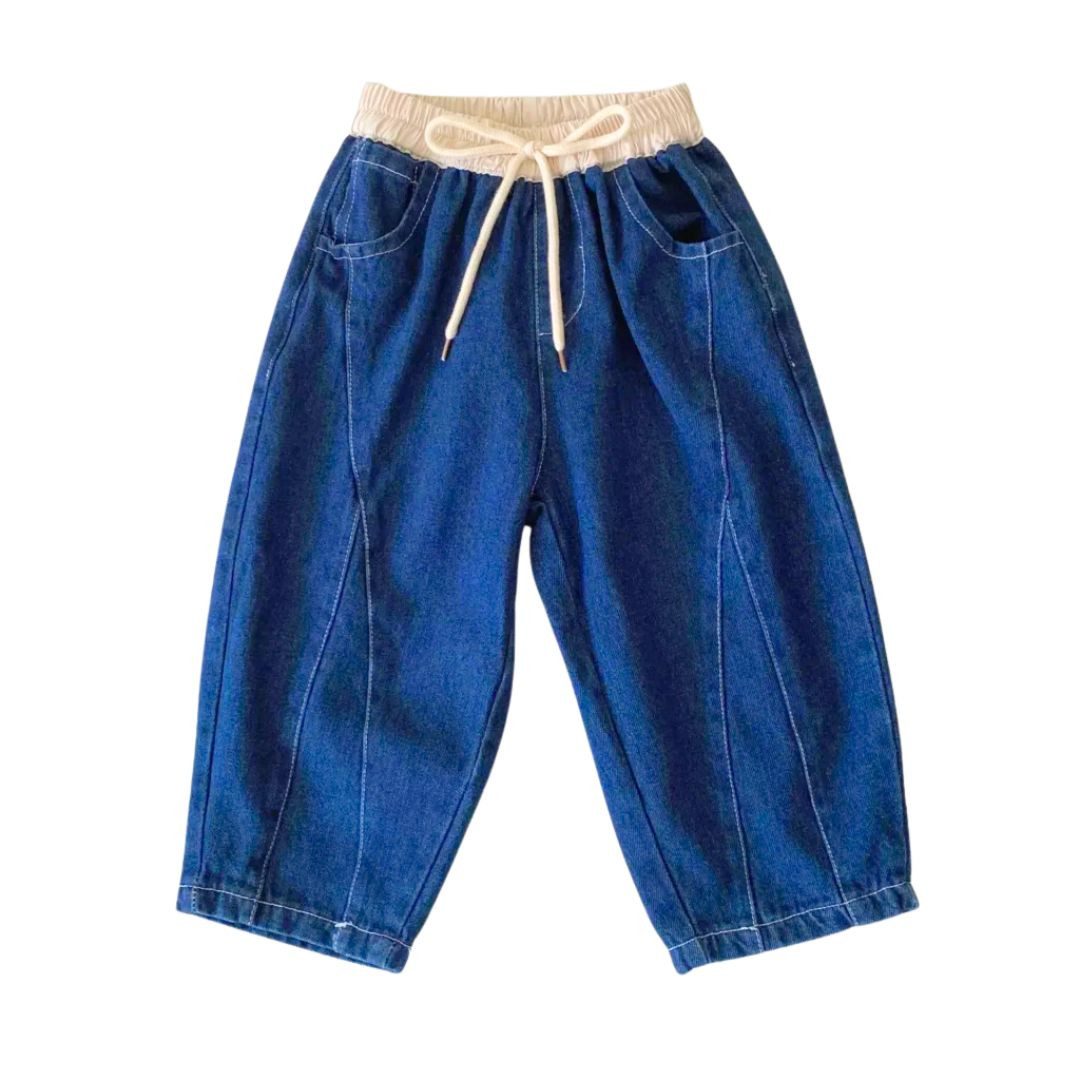 suebidou Bequeme Jeans Kinder Jeans Patchwork Denim Pants blau weite Hose nachhaltig, kreativ, elastischer Bund im Kontrastdesign