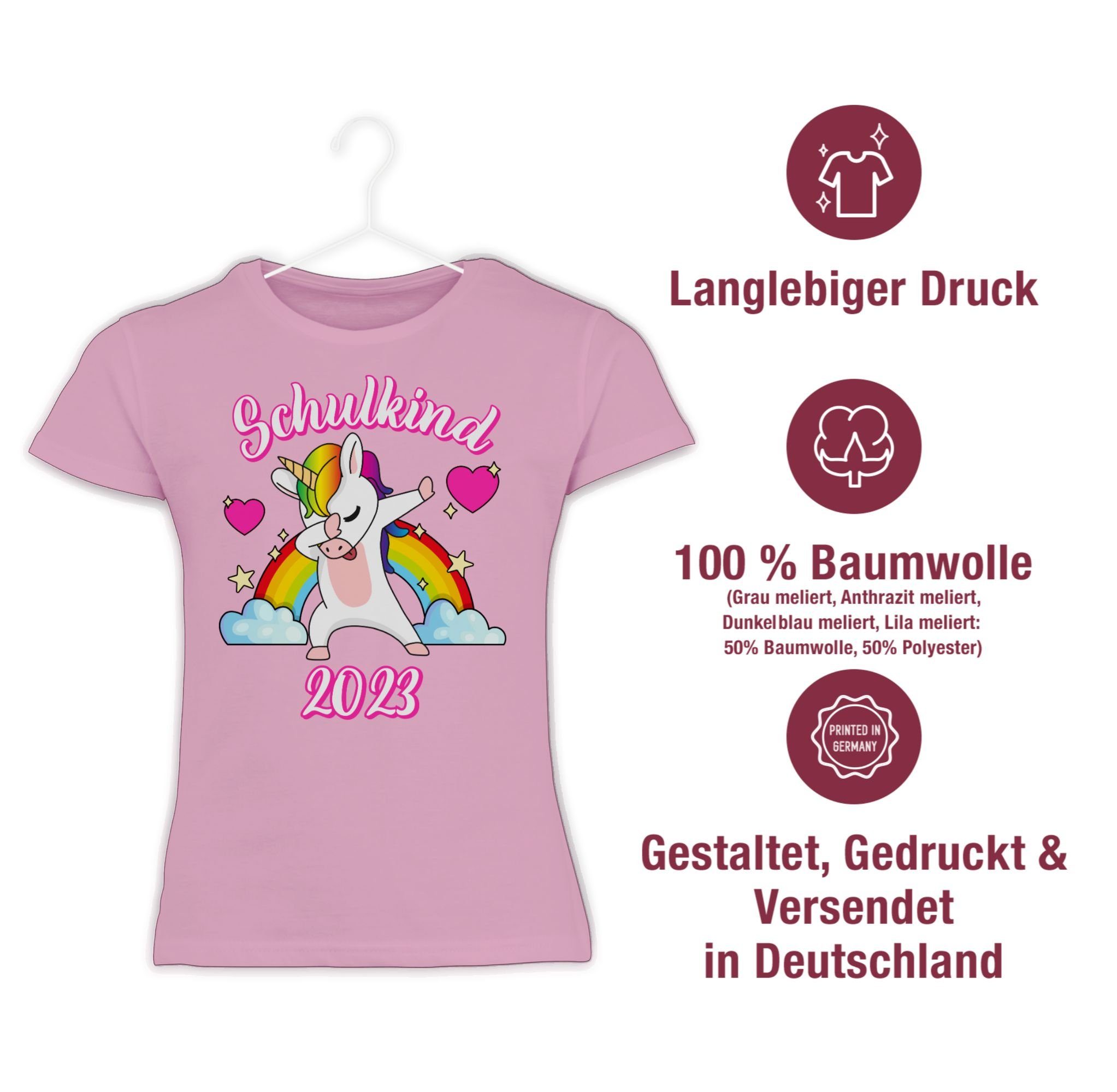 Shirtracer Rosa Schulkind Mädchen T-Shirt Einhorn Einschulung 2023 1 Regenbogen dabbendes