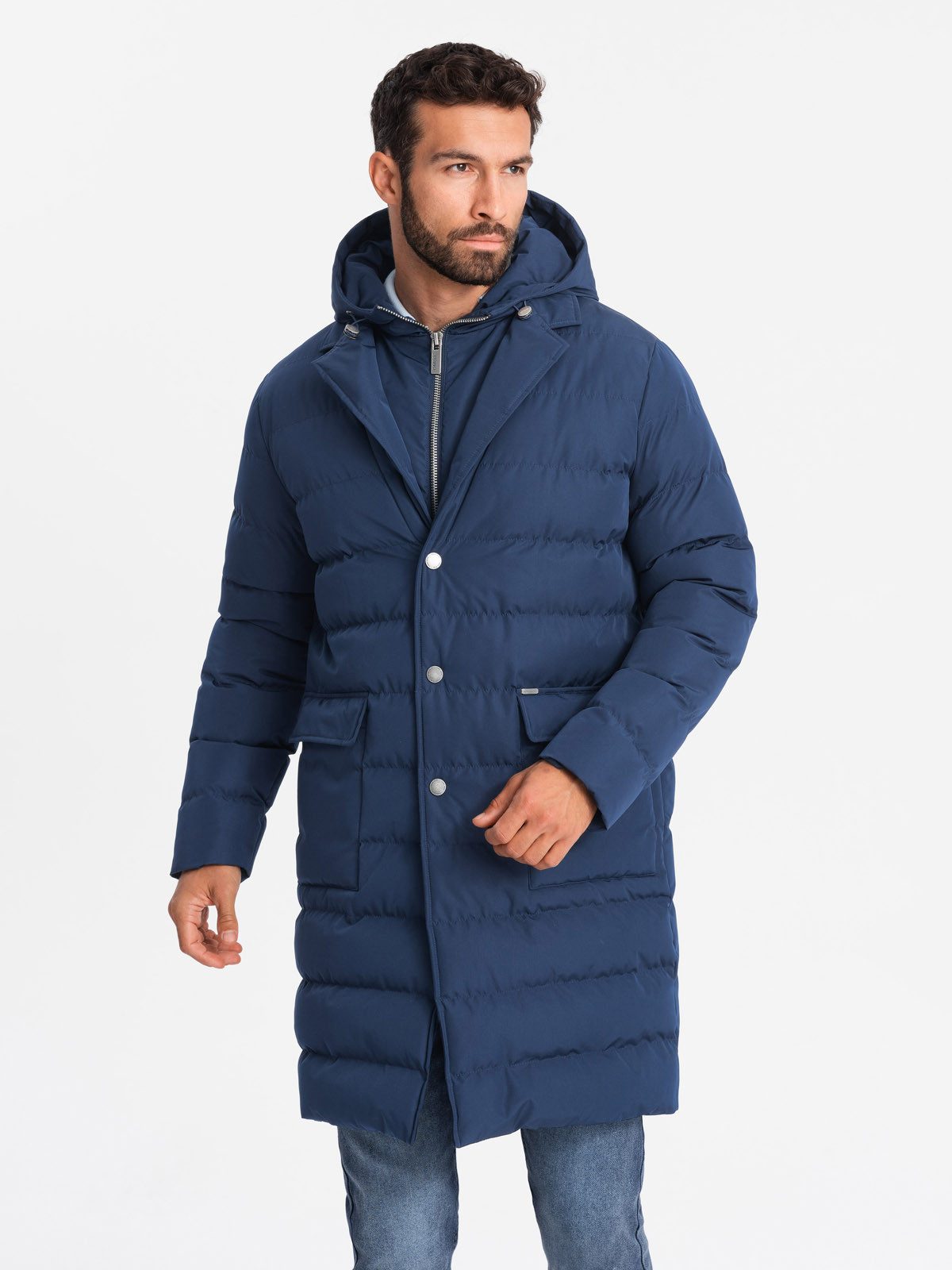 OMBRE Wintermantel Lange Herren-Steppjacke mit Revers und Futter günstig online kaufen